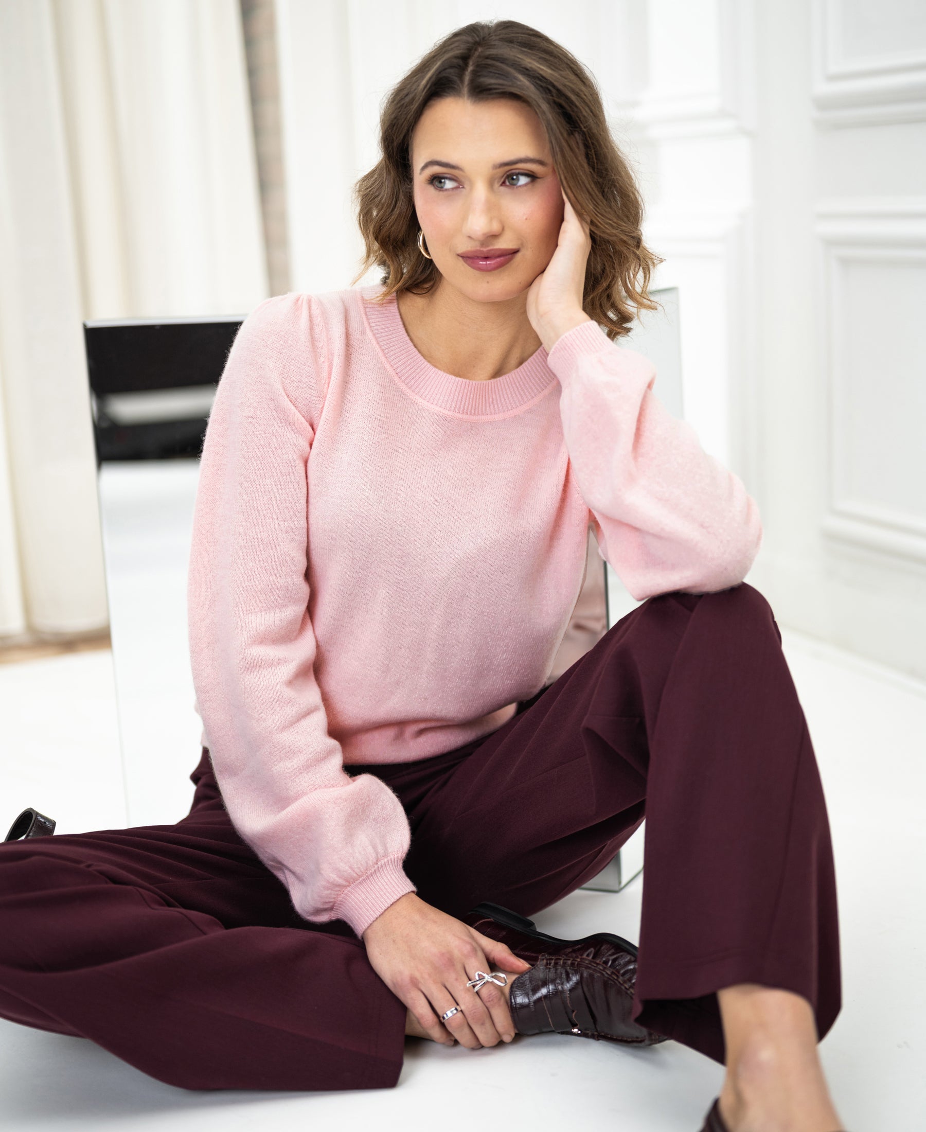 Pink LA BAYONNE soft merino sweater with puff sleeves by PLEIN PUBLIQUE.