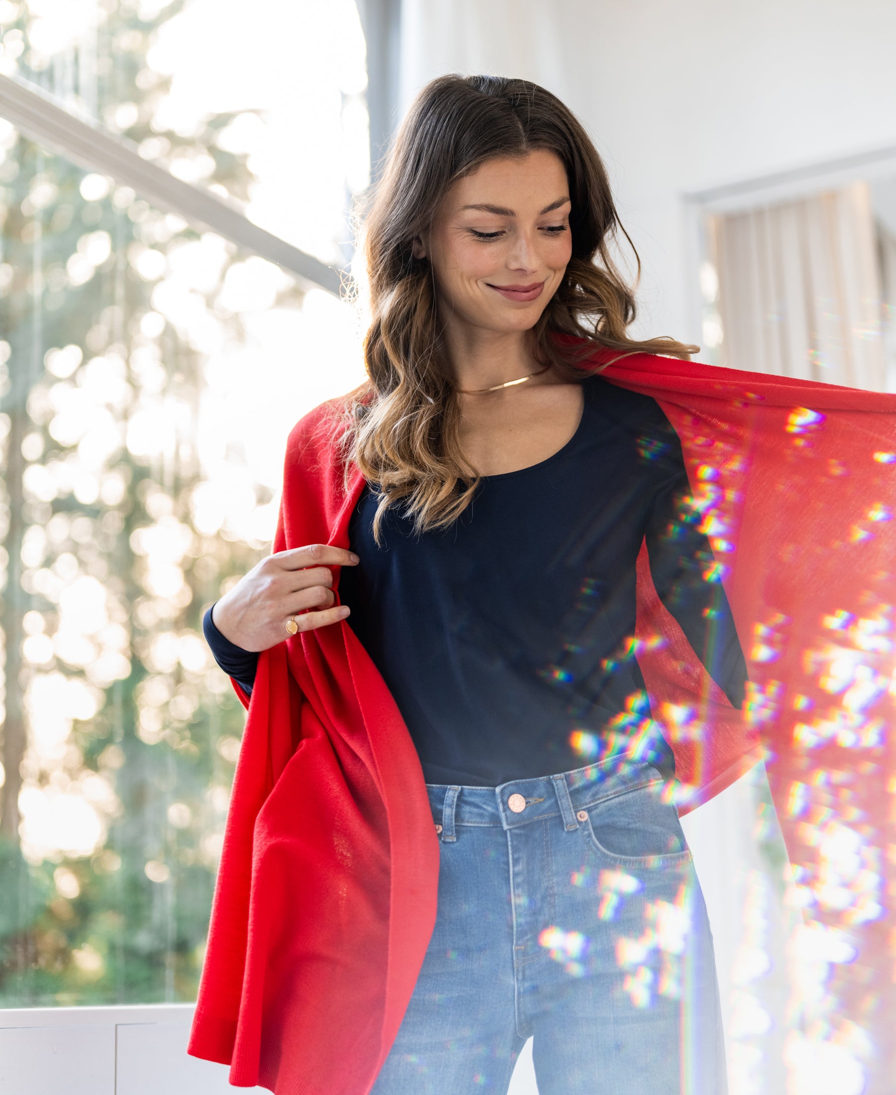 Woman wearing a SALE Bamboo T-shirt in dark blue, front view.
