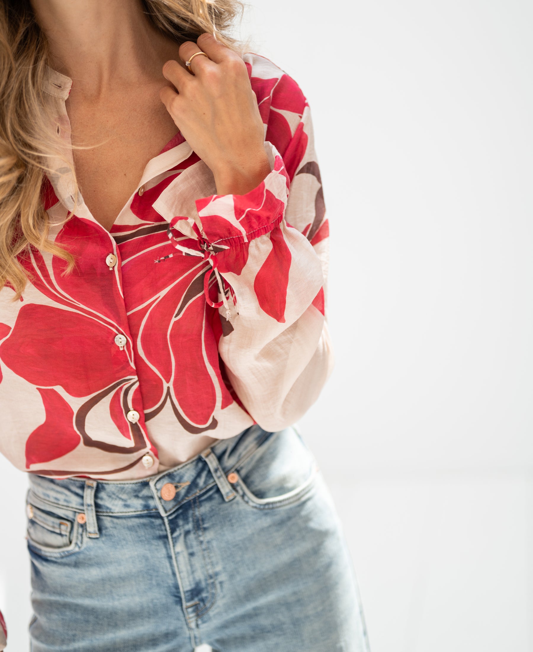 Ruby Red print blouse by LA BINOCLE, shown against a plain light background.