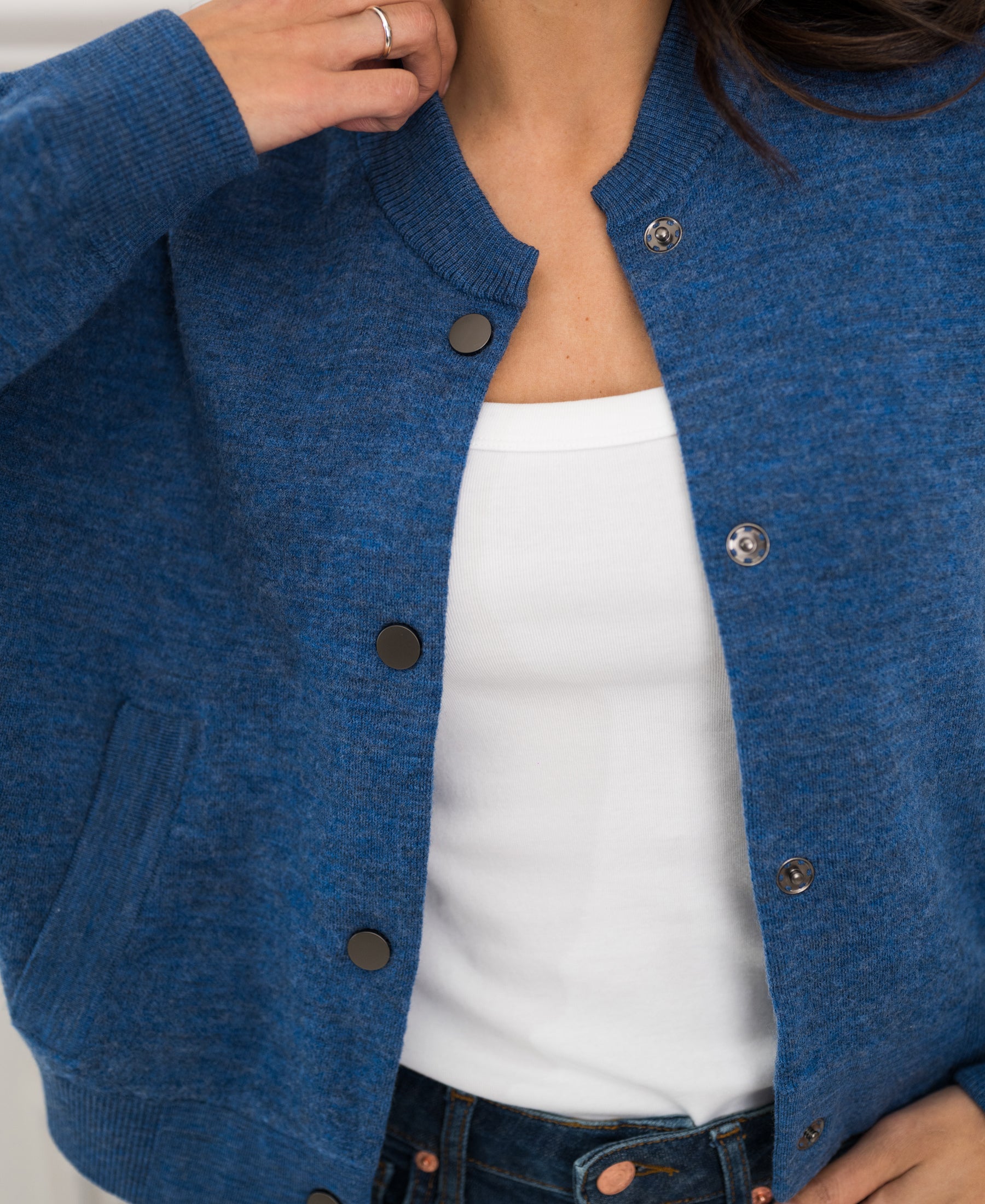Close-up of the PLEIN PUBLIQUE LA BOMBA blue bomber jacket.