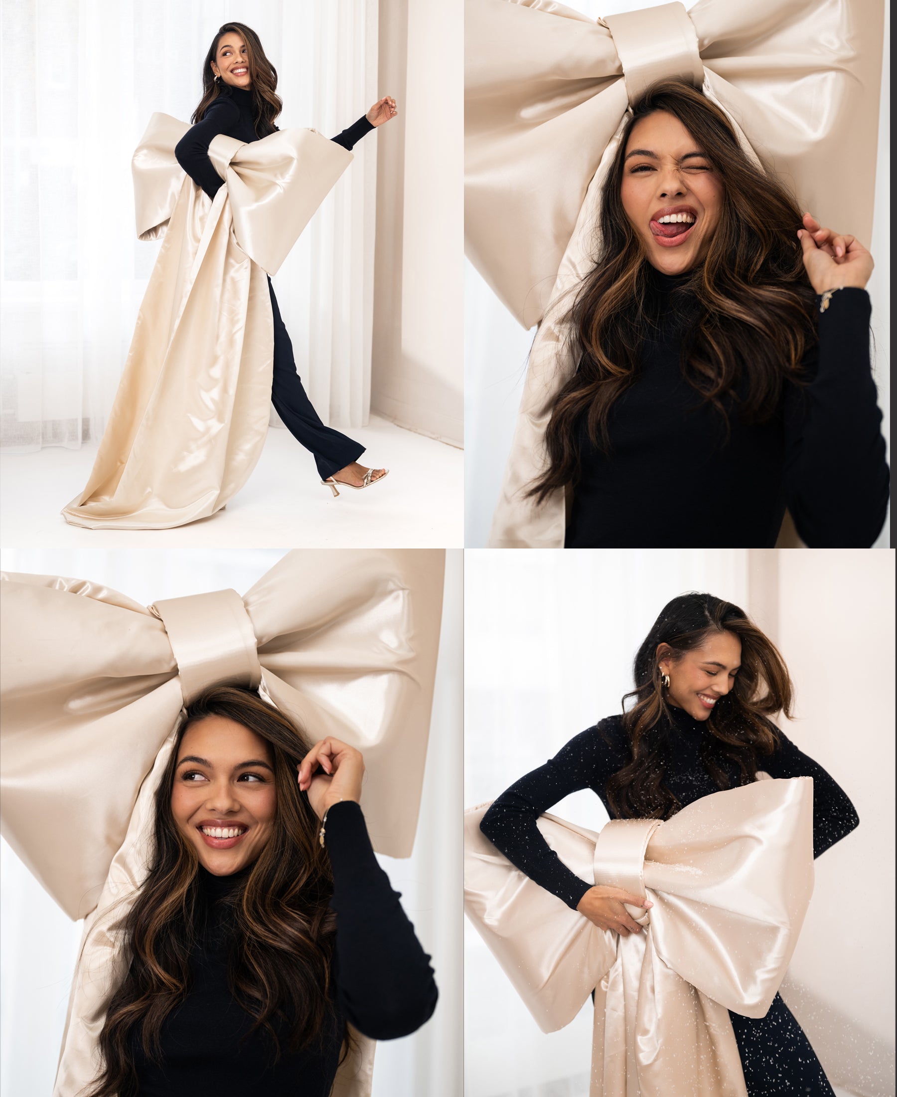Woman models the PLEIN PUBLIQUE Merino wool turtleneck sweater in black, shown playfully in four photos.