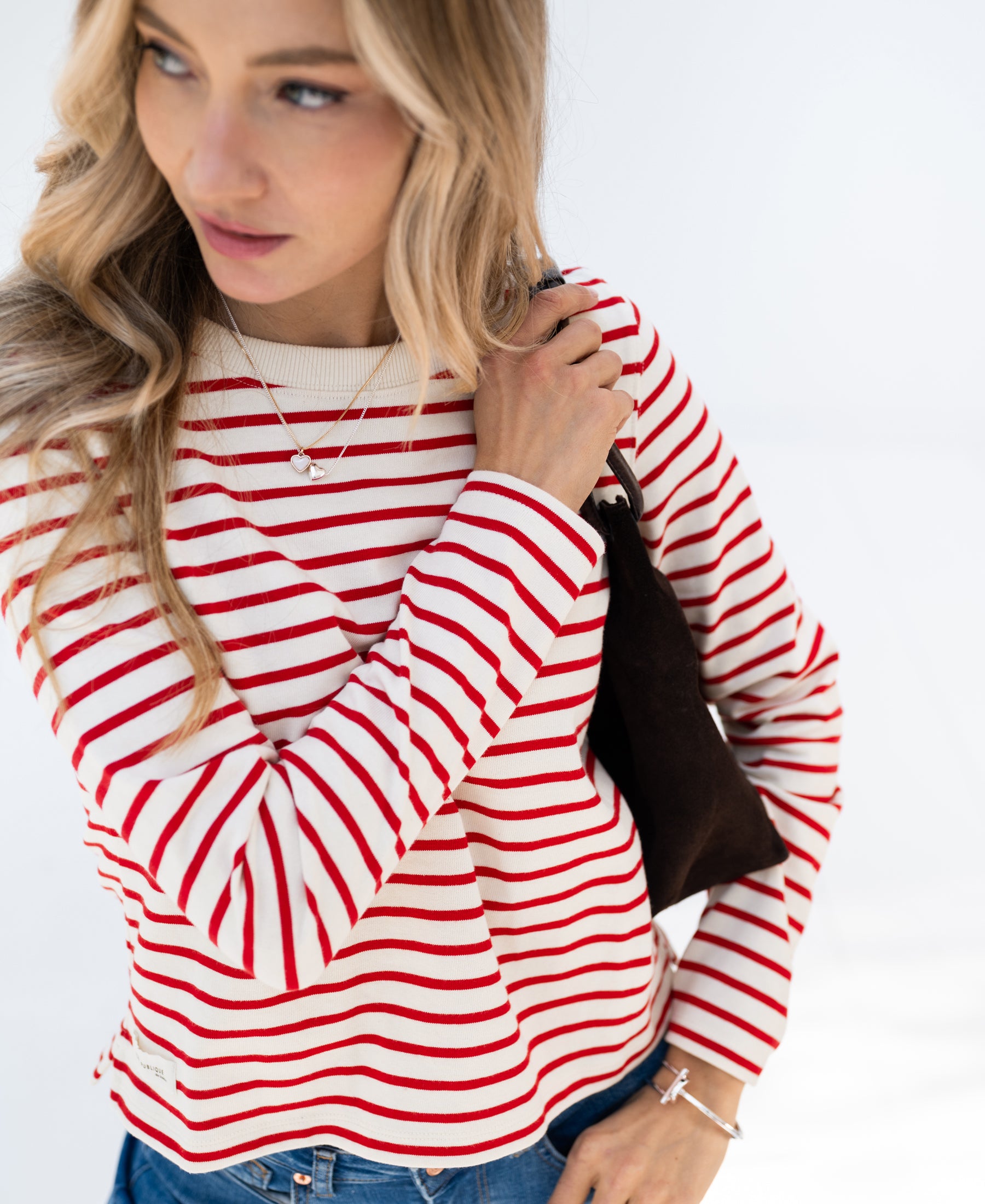 Ivory-red Breton stripe shirt in cotton, shown from the front.