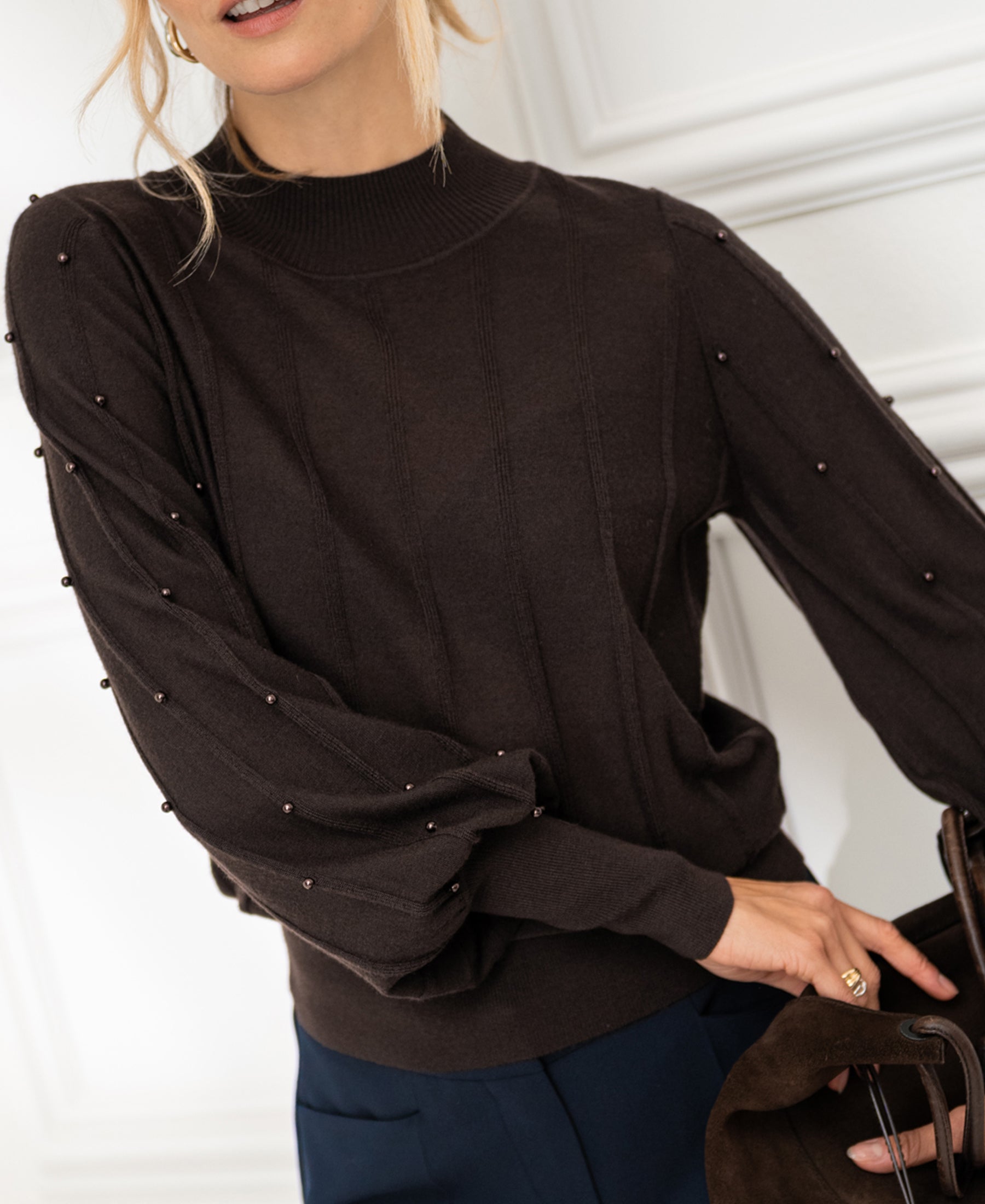 Rollkragenpullover mit Perlen LA CENTAINE Pure choco