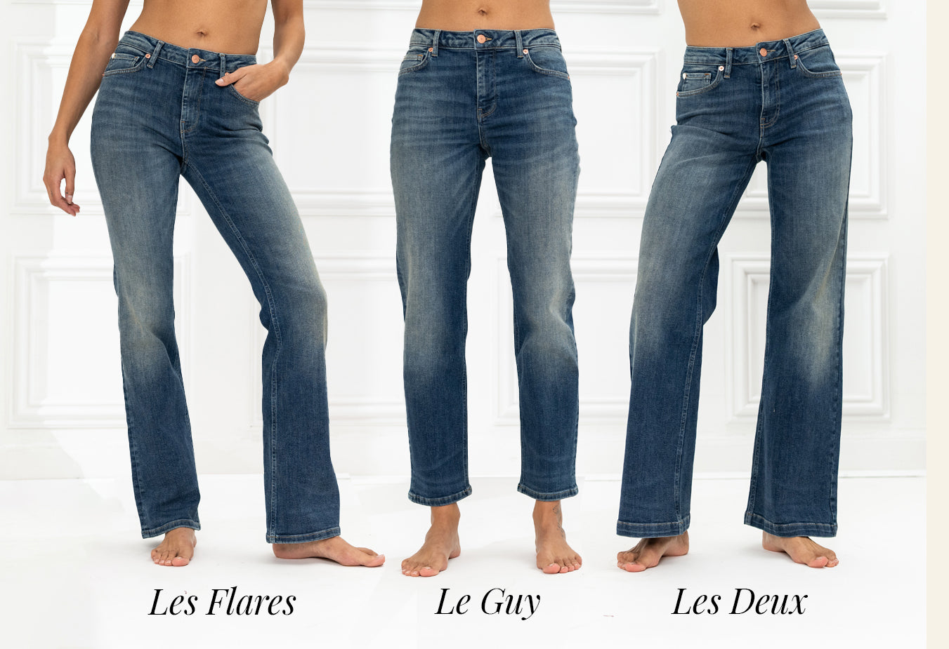 Cropped blue vintage jeans in flared, stretch, and straight styles are modeled.