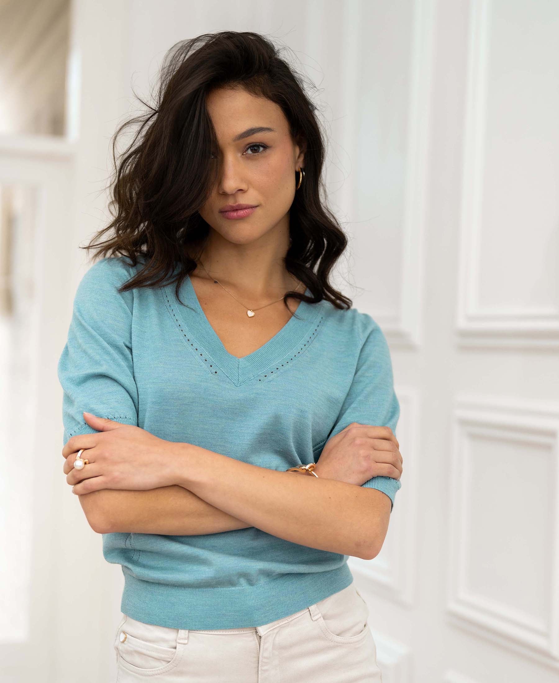 V-hals trui LA DIAZ Mistblauw