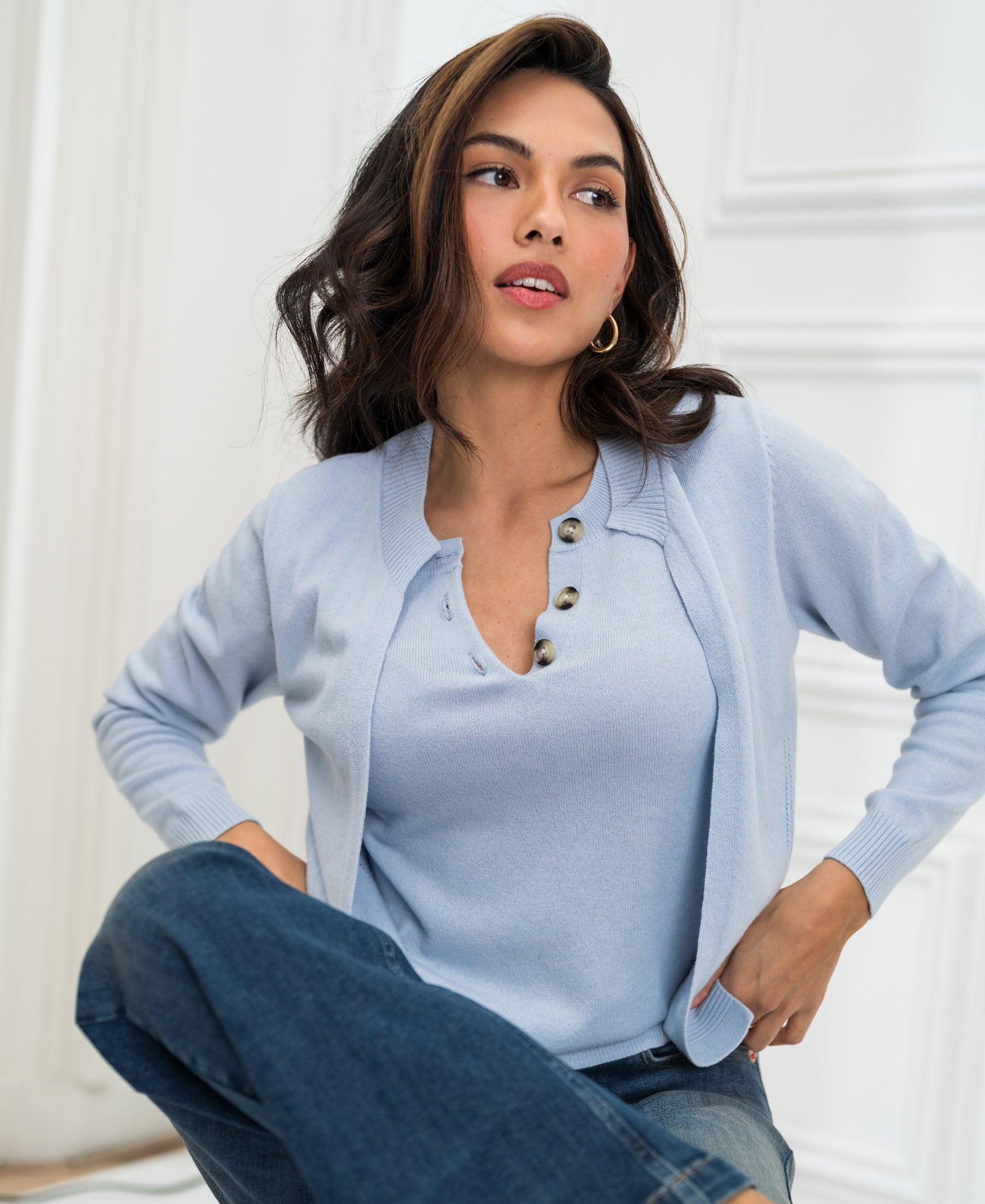 Light blue LA DOUBLE cardigan from PLEIN PUBLIQUE.