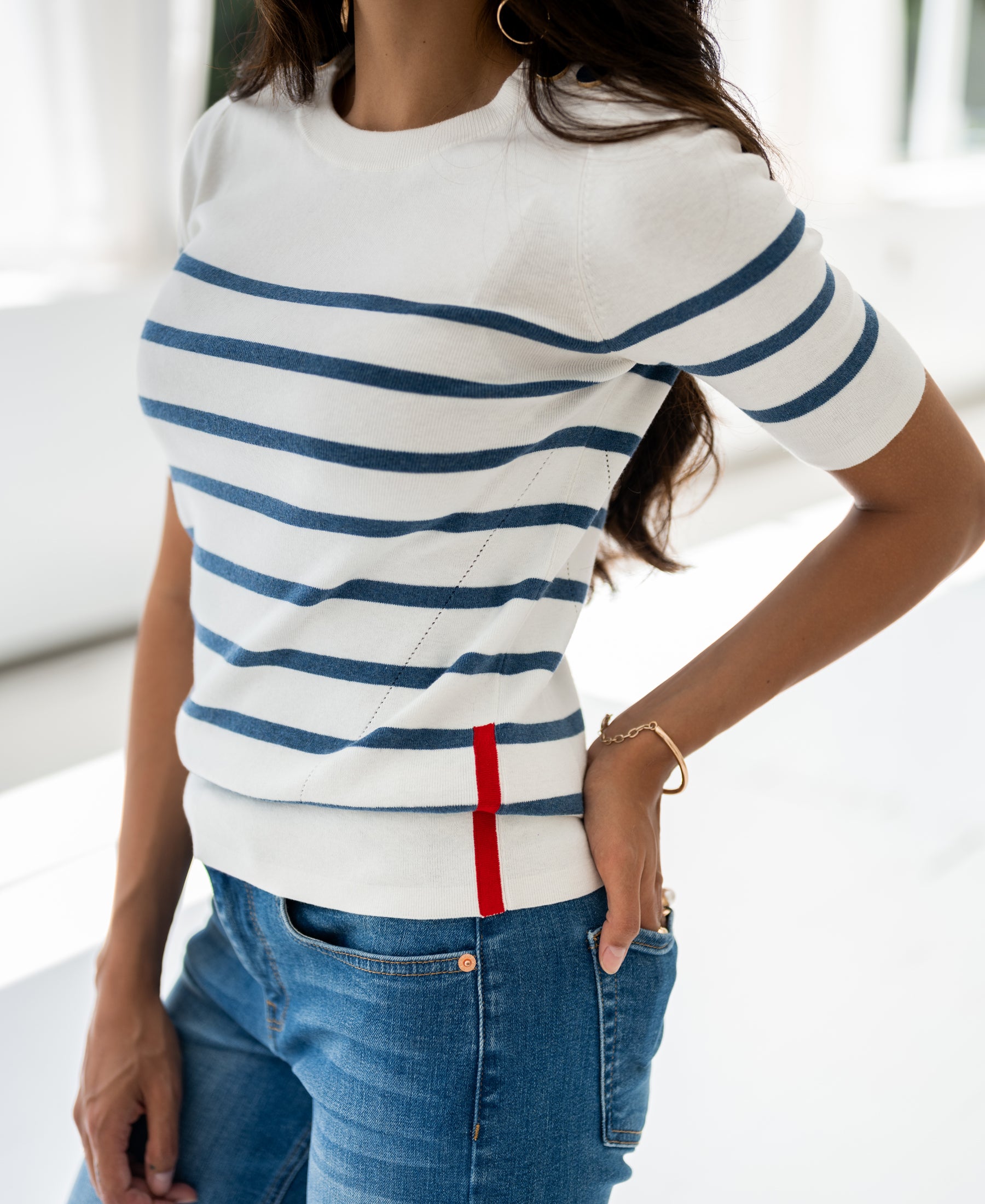 Bretonischer Kurzarmpullover L'ESISA Cremeweiß- Denimblau