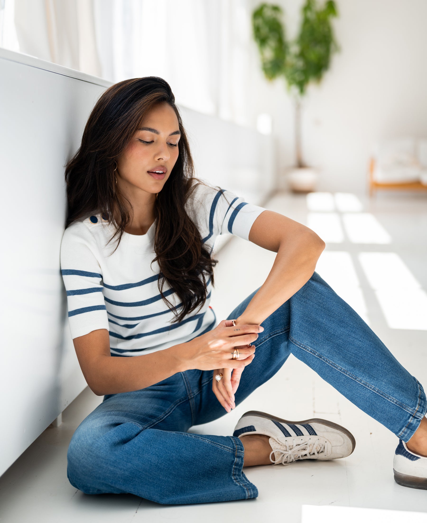 Bretonischer Kurzarmpullover L'ESISA Cremeweiß- Denimblau