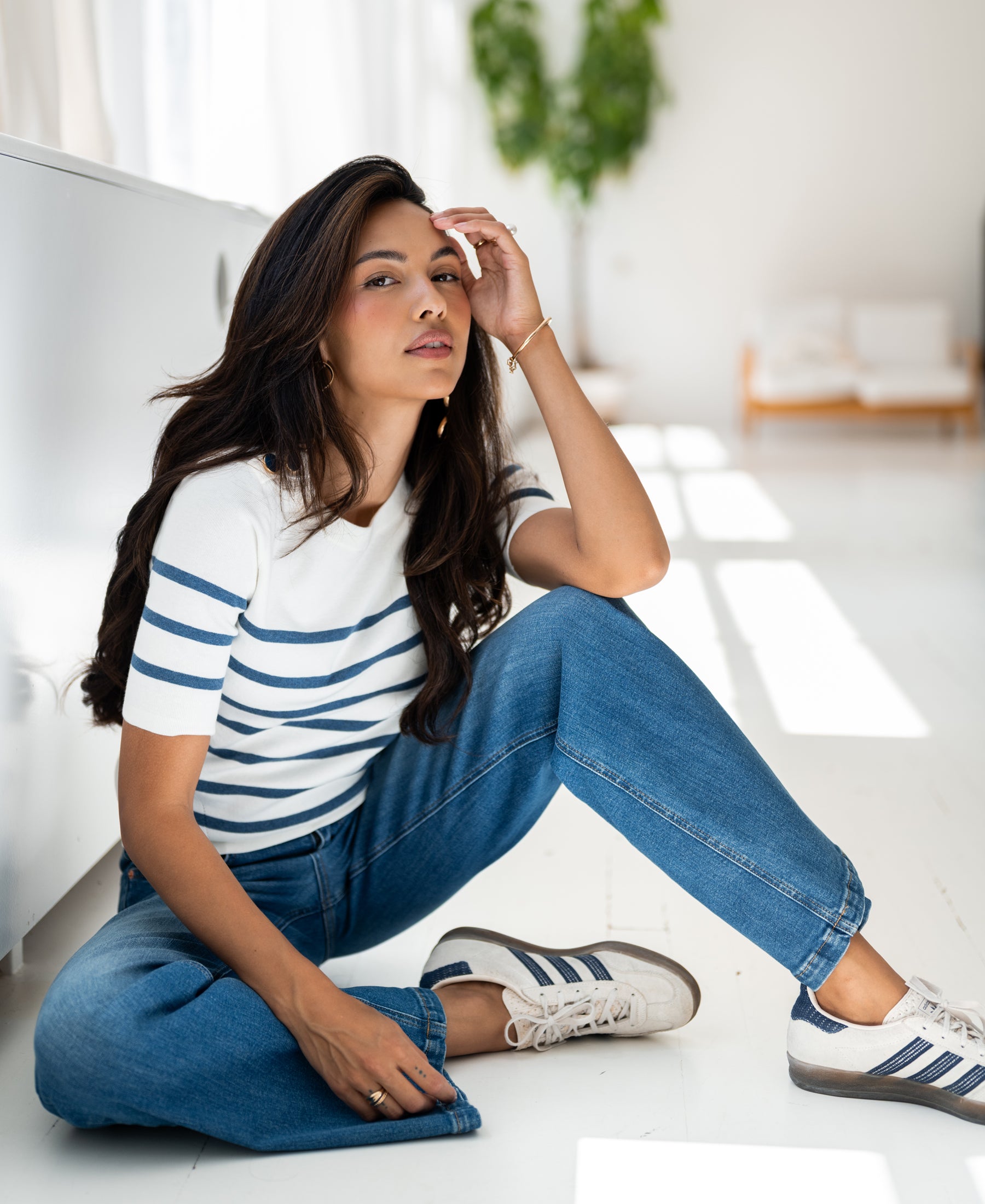 Bretonischer Kurzarmpullover L'ESISA Cremeweiß- Denimblau