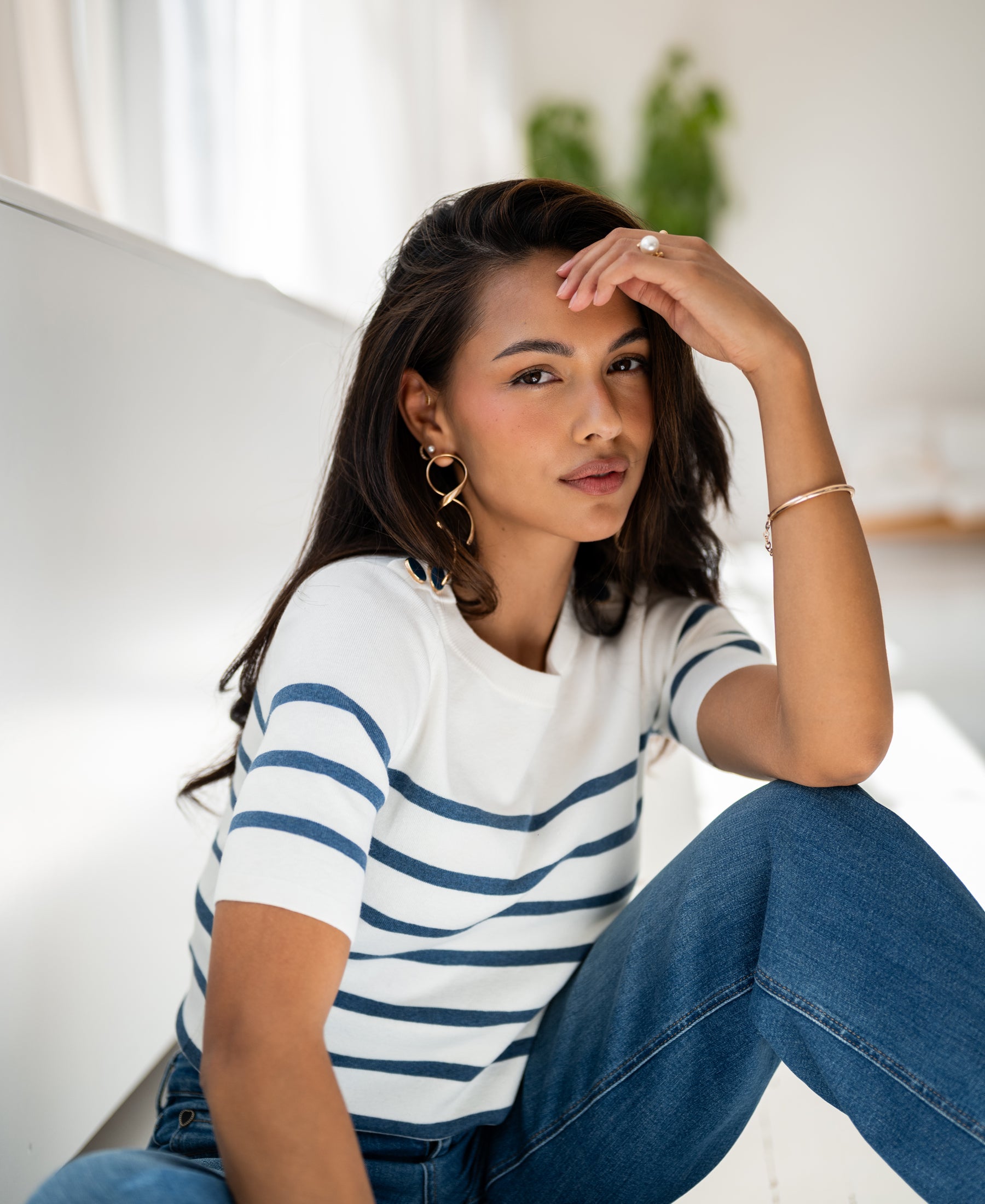 Bretonischer Kurzarmpullover L'ESISA Cremeweiß- Denimblau