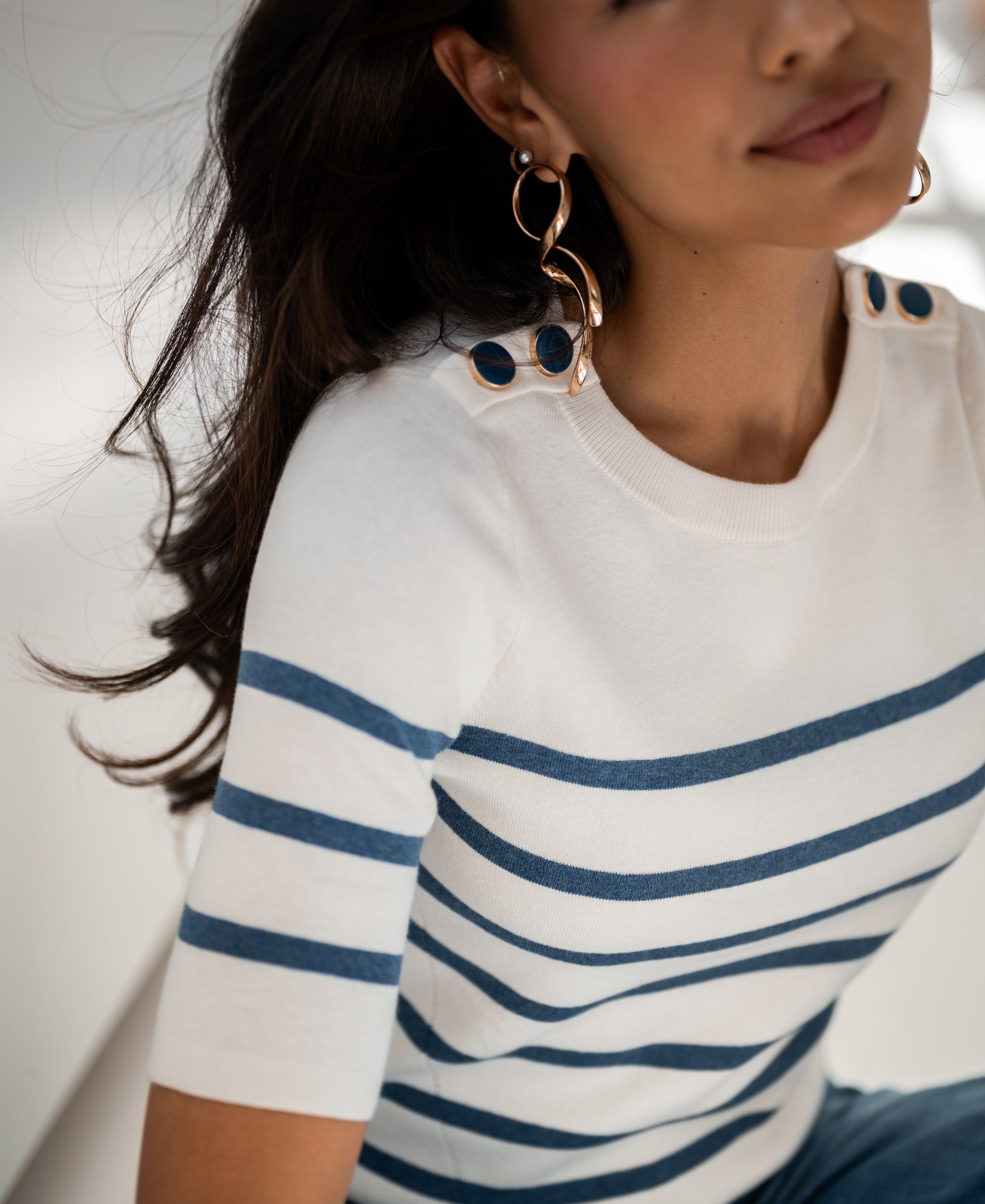 Bretonischer Kurzarmpullover L'ESISA Cremeweiß- Denimblau