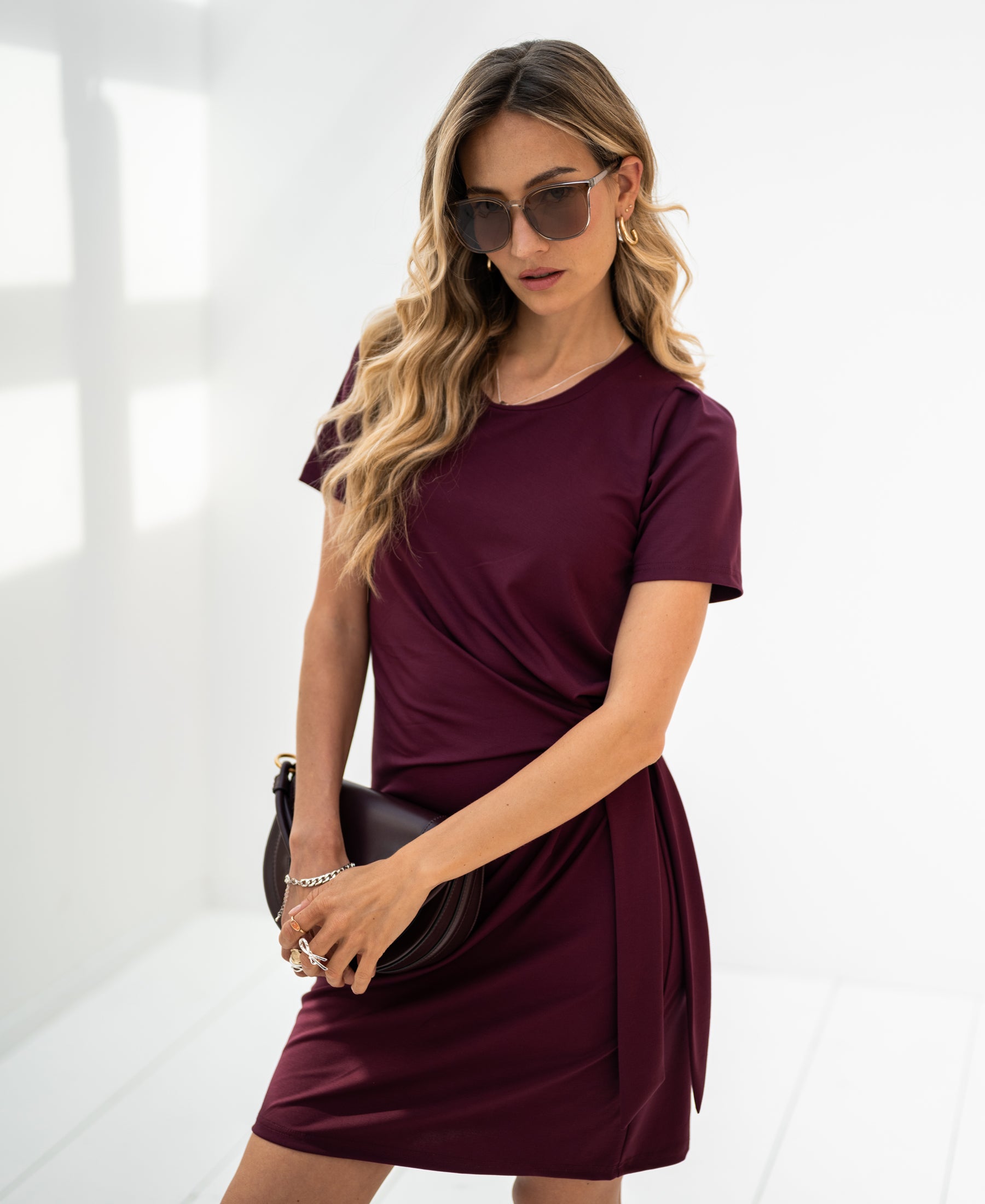 Red wine-colored knit dress by PLEIN PUBLIQUE, front view.