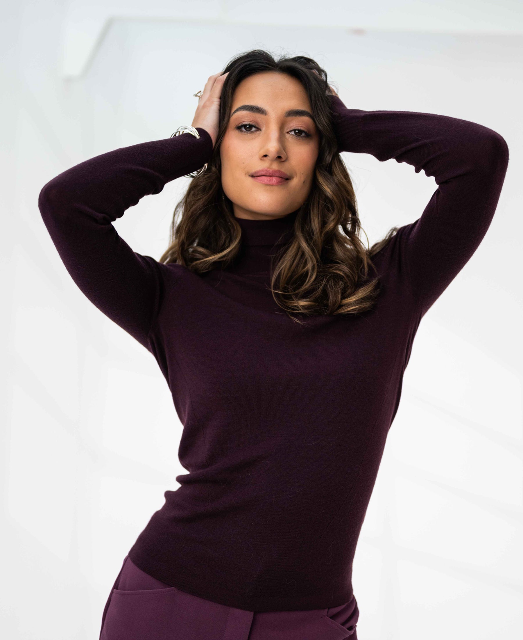 Rollkragenpullover aus Merinowolle LA FORTE Aubergine