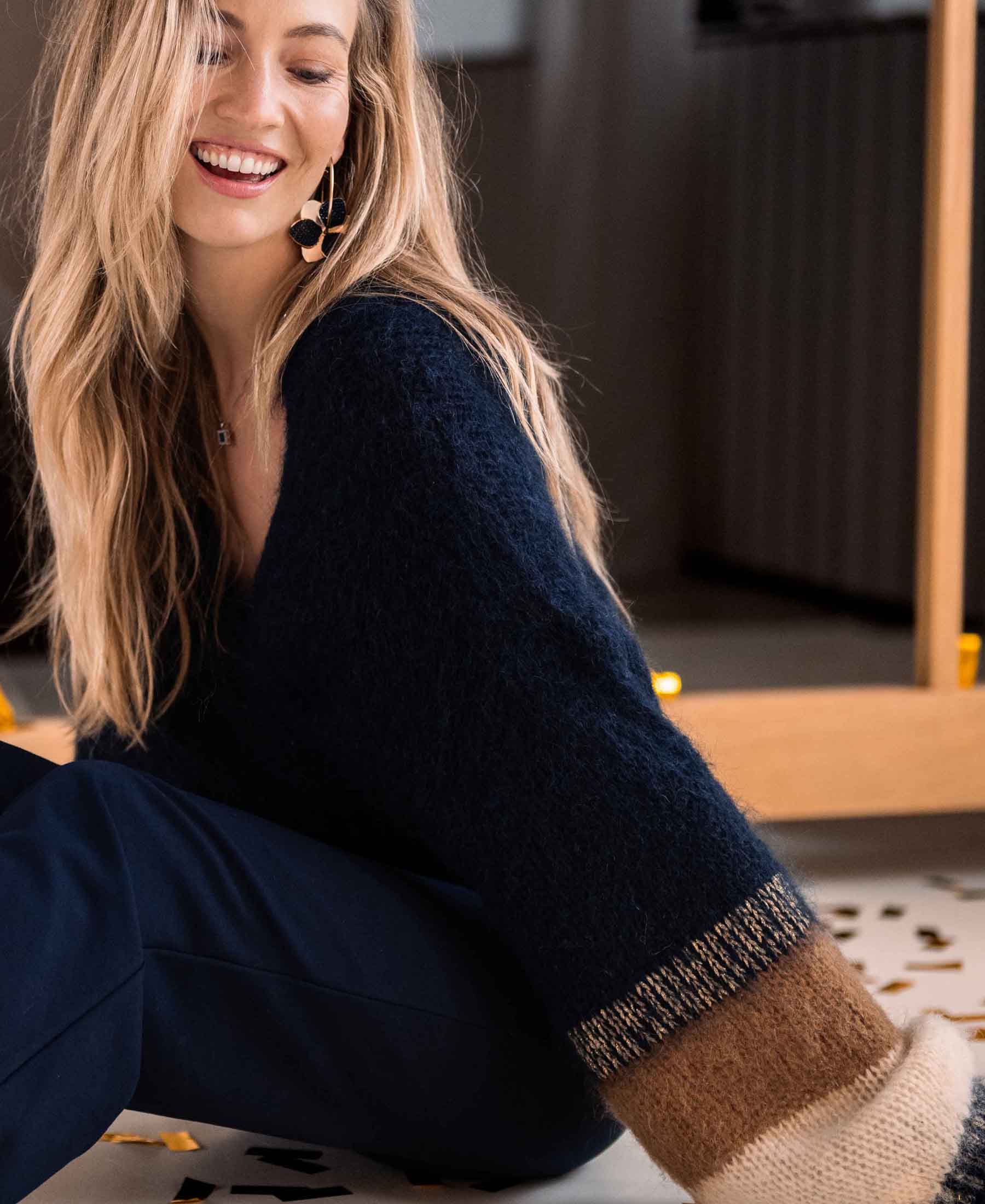 Fluffy cardigan LA BONBON Dark blue with stripes