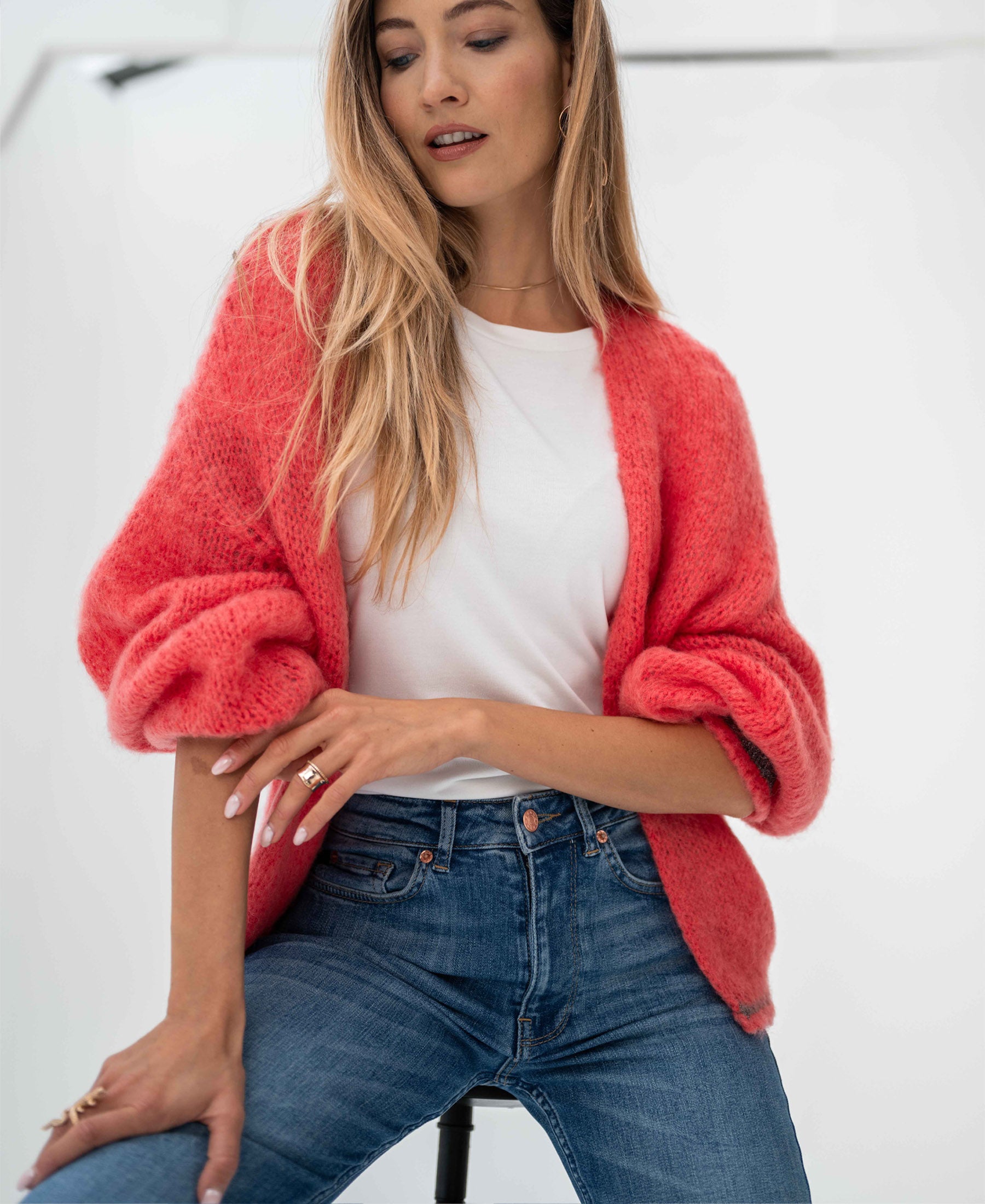Fluffy cardigan LA CHERIE Coral red