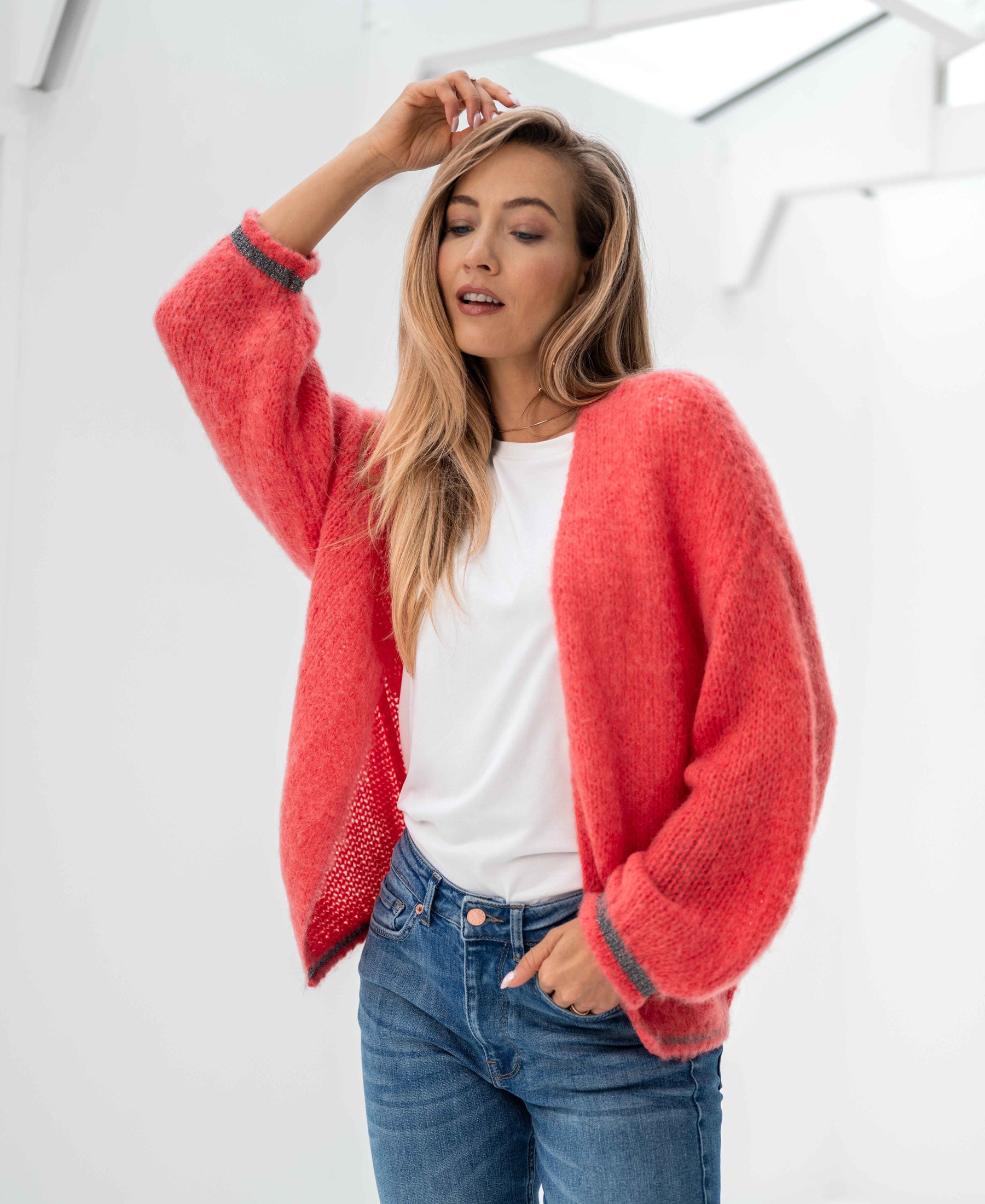 Fluffy cardigan LA CHERIE Coral red
