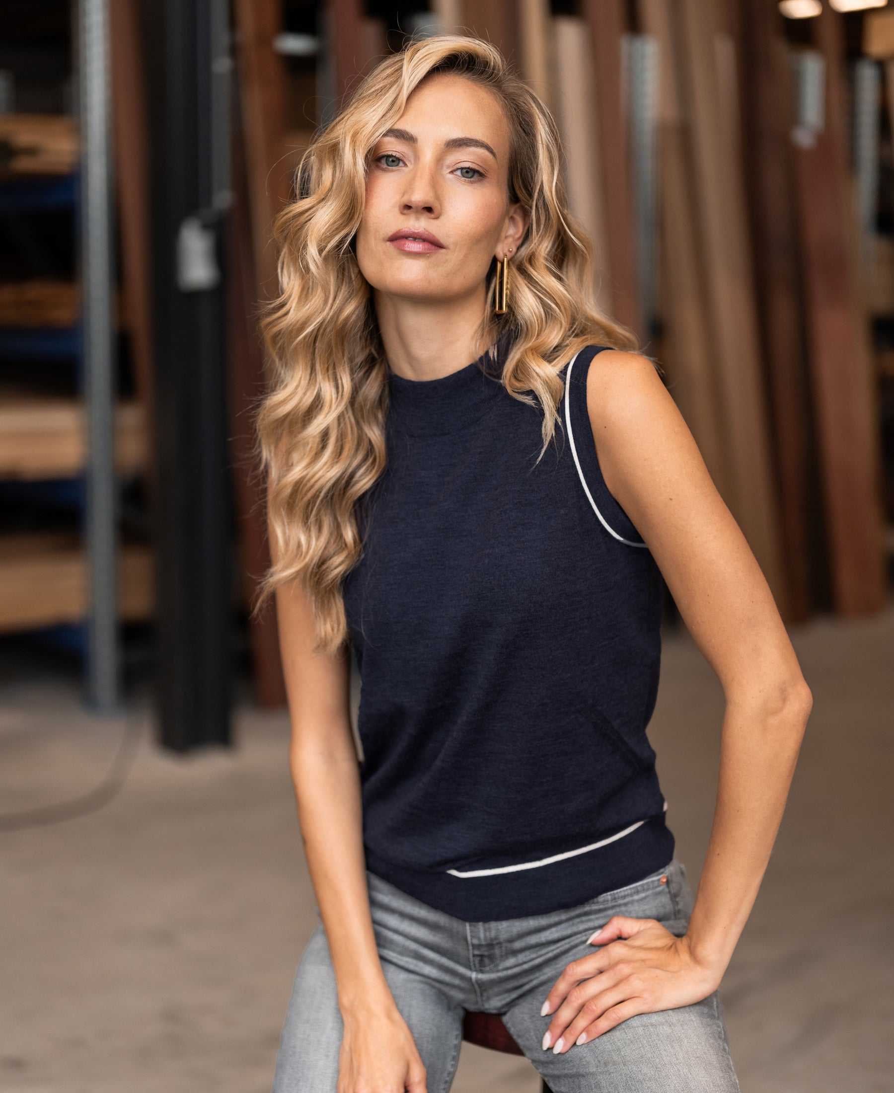 Merino-Oberteil LE GABRIEL Dunkelblau-Elfenbein