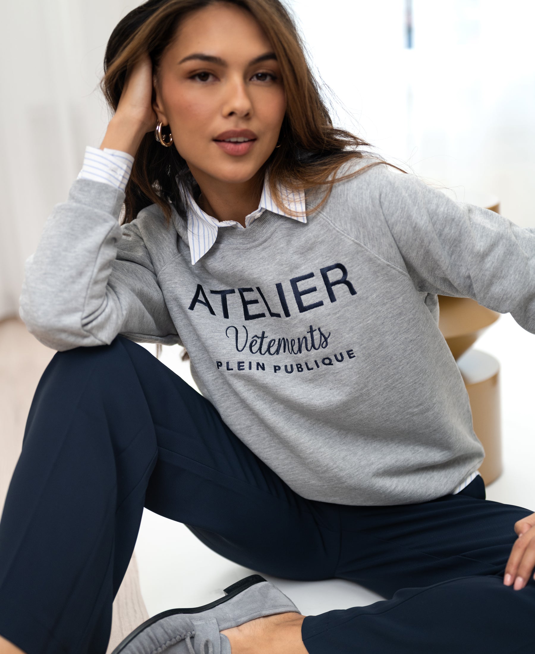 Light gray LA HARPER ATELIER sweater by PLEIN PUBLIQUE, front view.