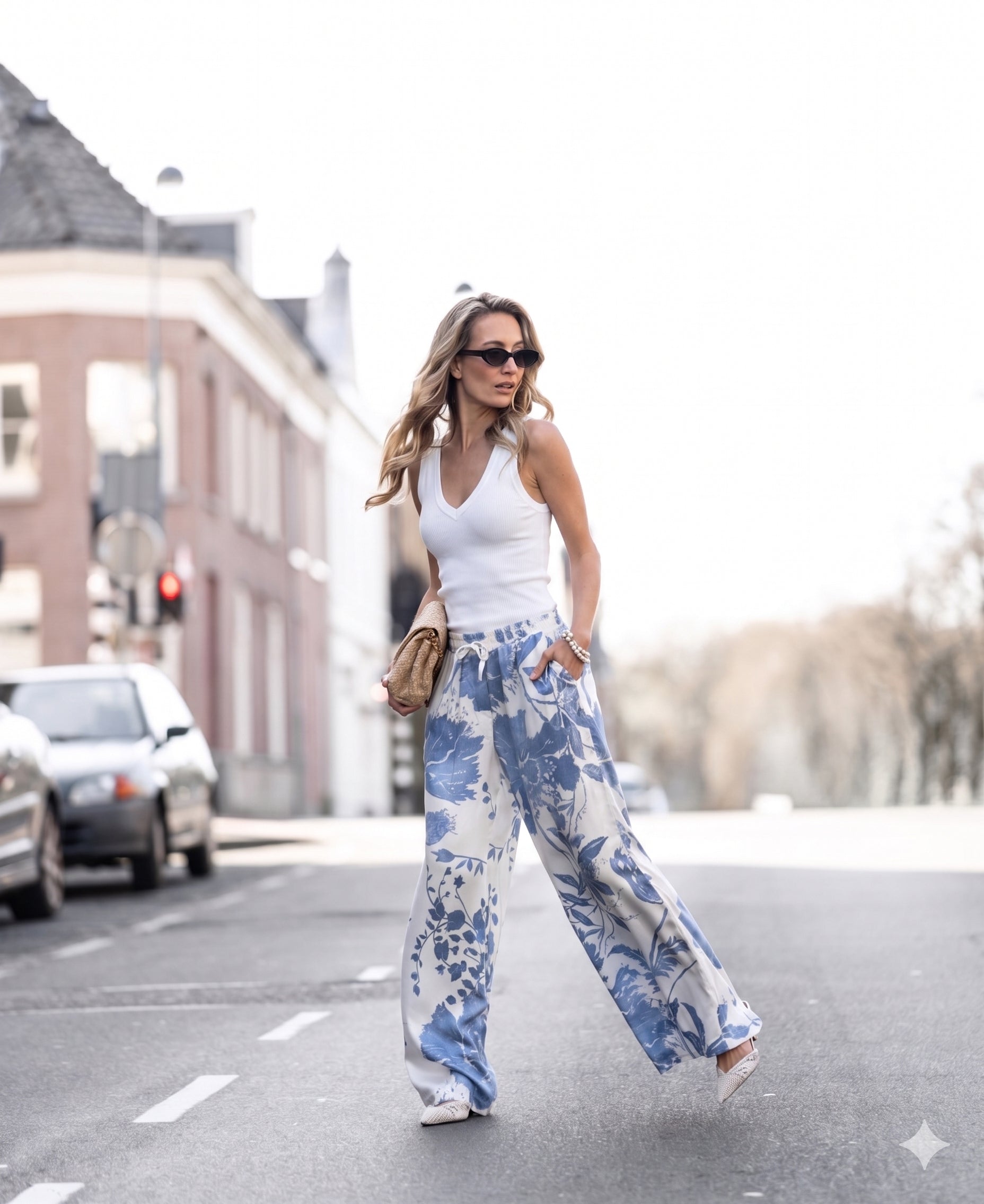 Woman wearing a luxe and soft white top by PLEIN PUBLIQUE, LA VALE style.