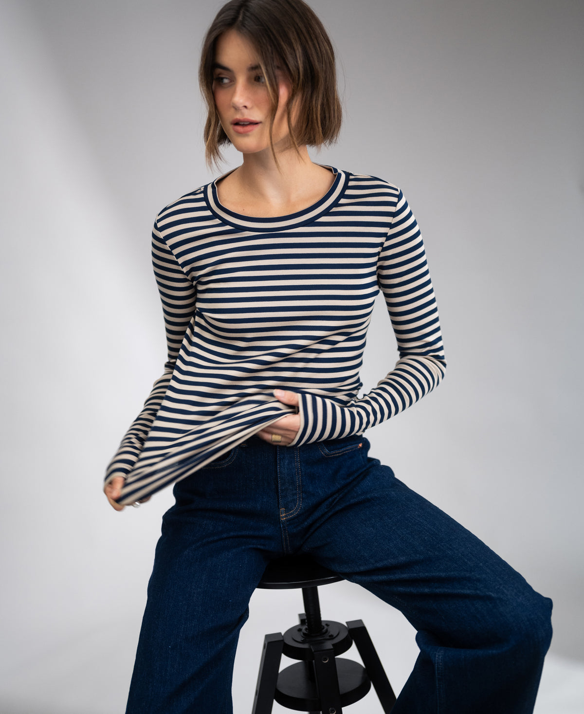 Luxe gestreepte T-shirt LA LENA Donkerblauw - zand