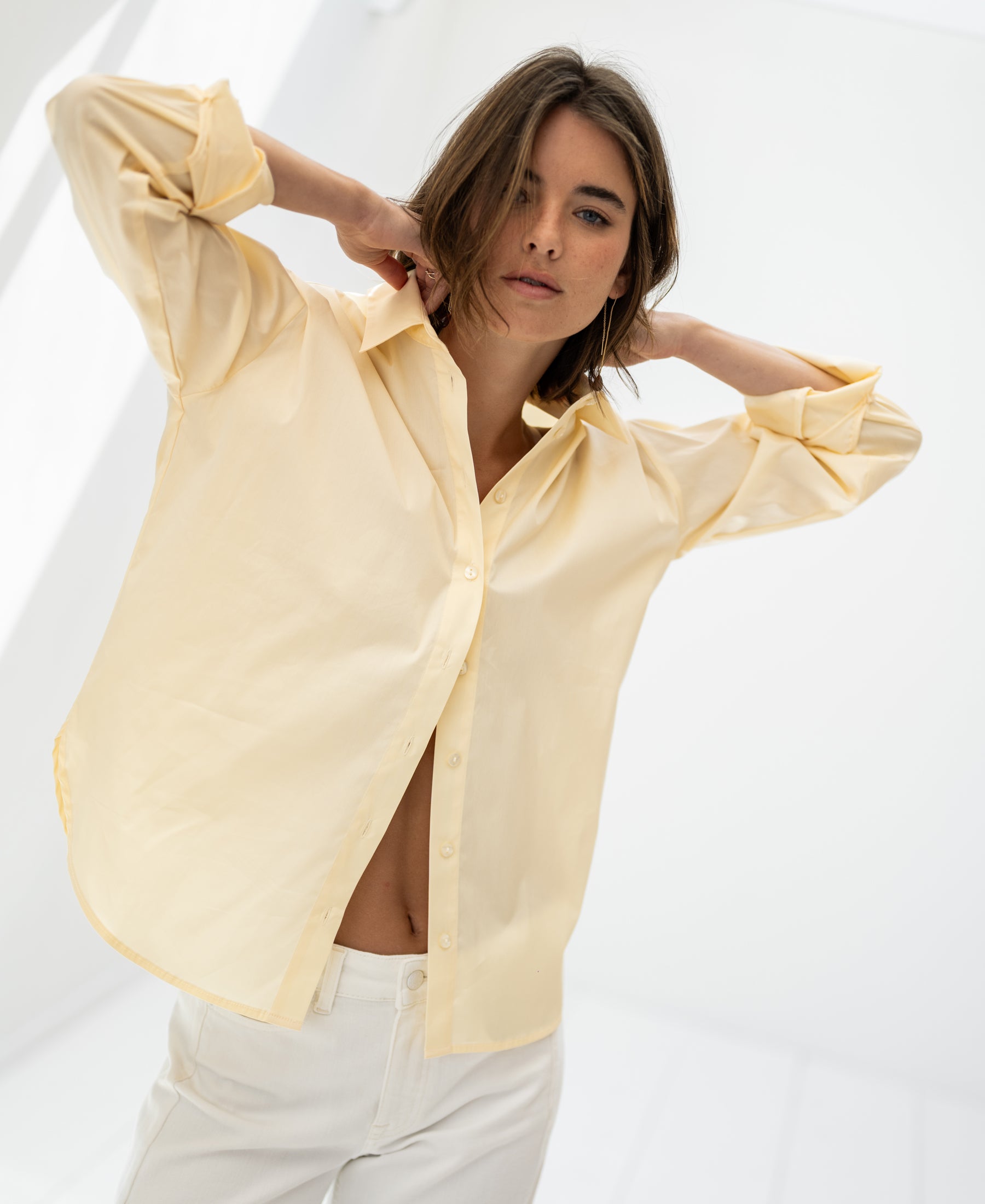 Oversized easy-iron soft yellow blouse LE LILLE, shown from the front.