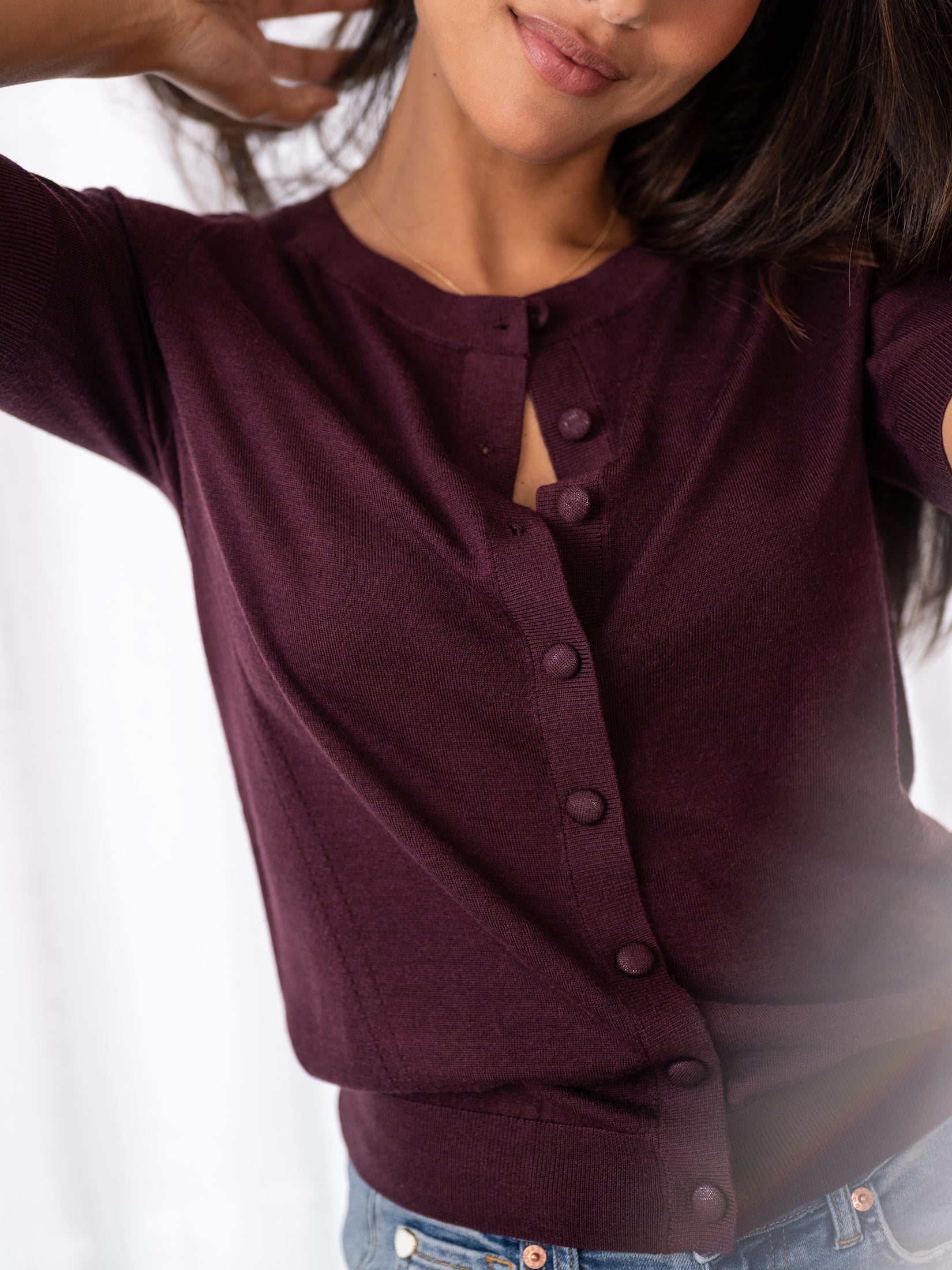 Purple merino wool and silk cardigan by PLEIN PUBLIQUE, style LA LORAINE, shown against a white background.