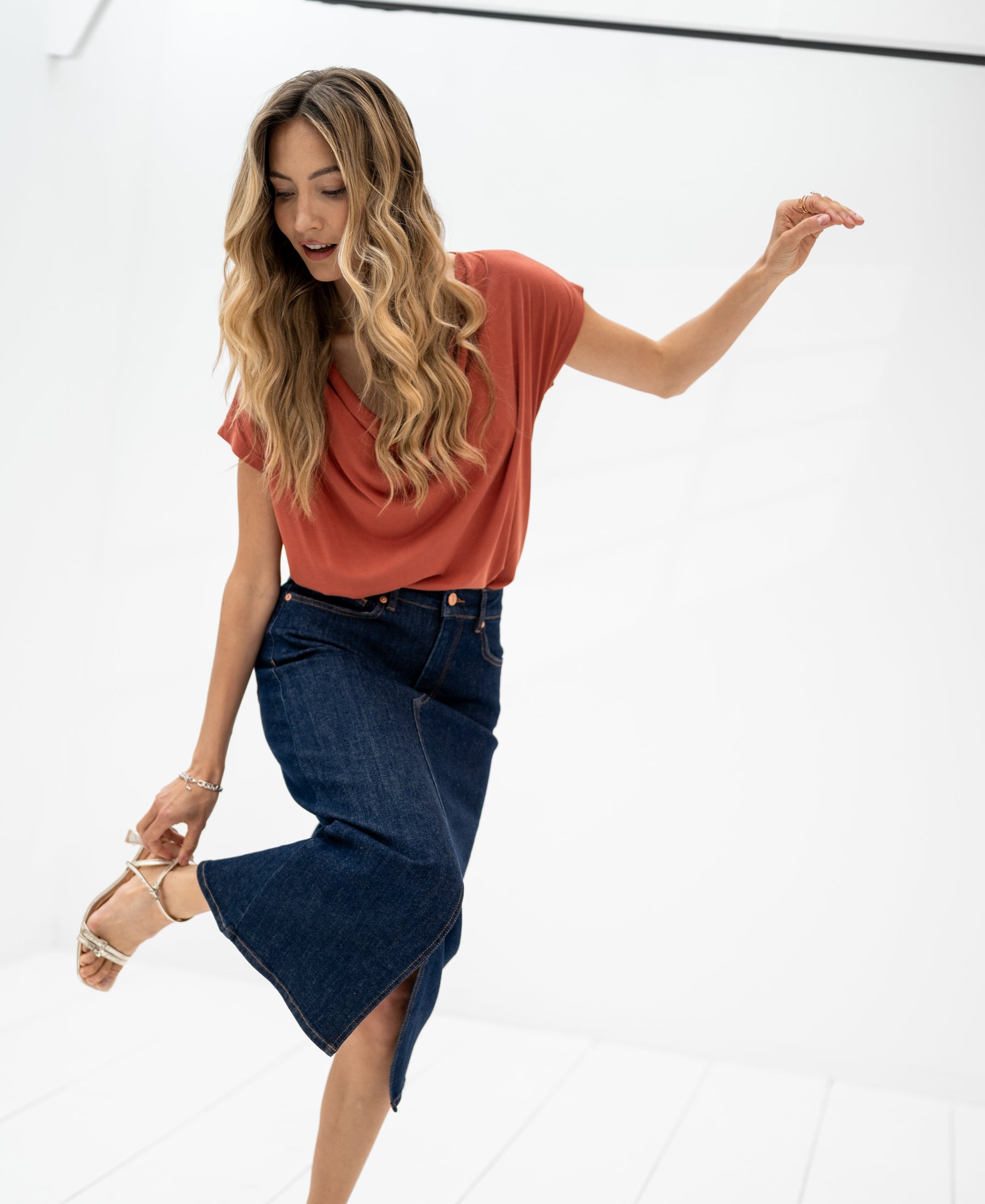Dark denim LA JUNE Rinsewash skirt by PLEIN PUBLIQUE, shown from the front.