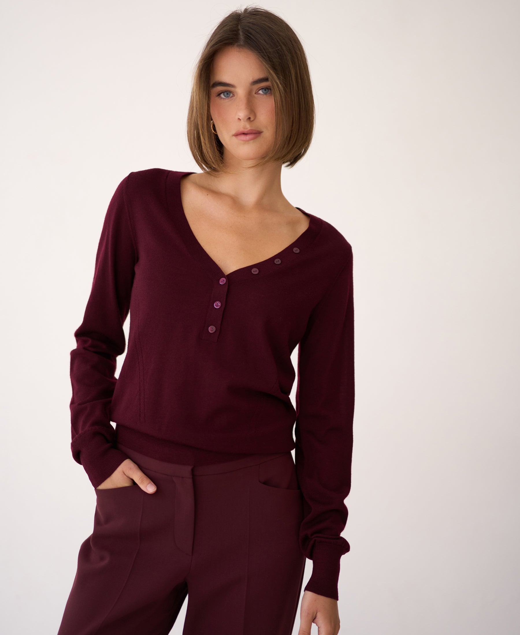 Merino Sweater with Button Detail LA MADELEINE Bordeaux