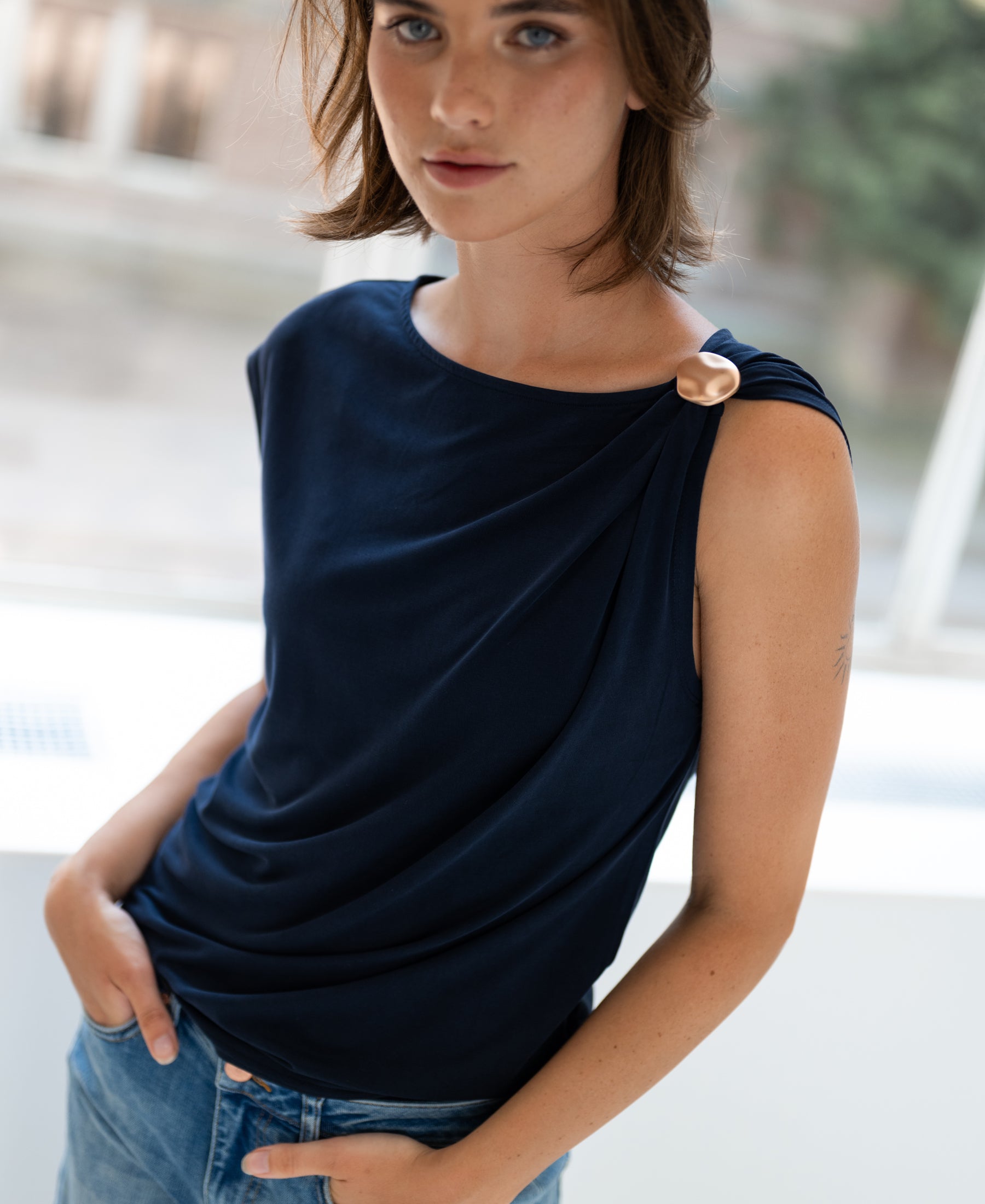 Navy blue LA MAYA top with buckle from PLEIN PUBLIQUE.