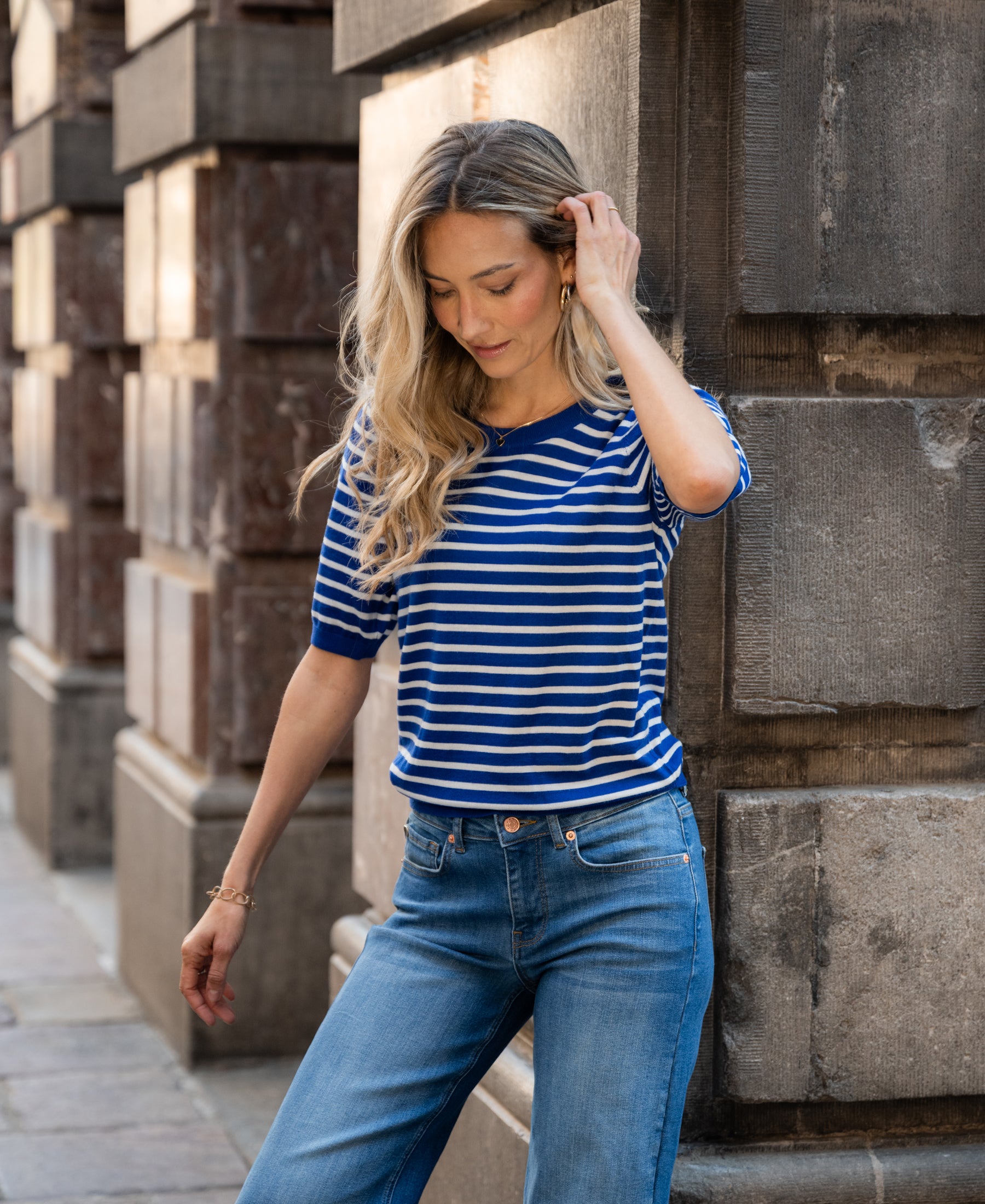 gestreifter Kurzarmpullover LA MILOU Blau-cremeweiß