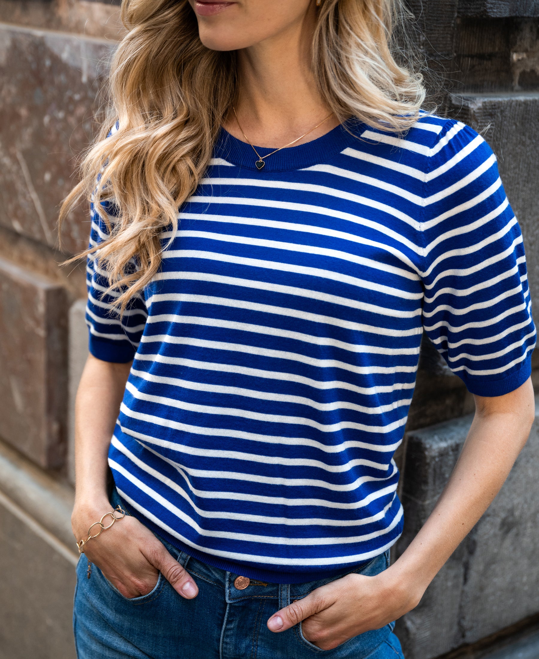 gestreifter Kurzarmpullover LA MILOU Blau-cremeweiß