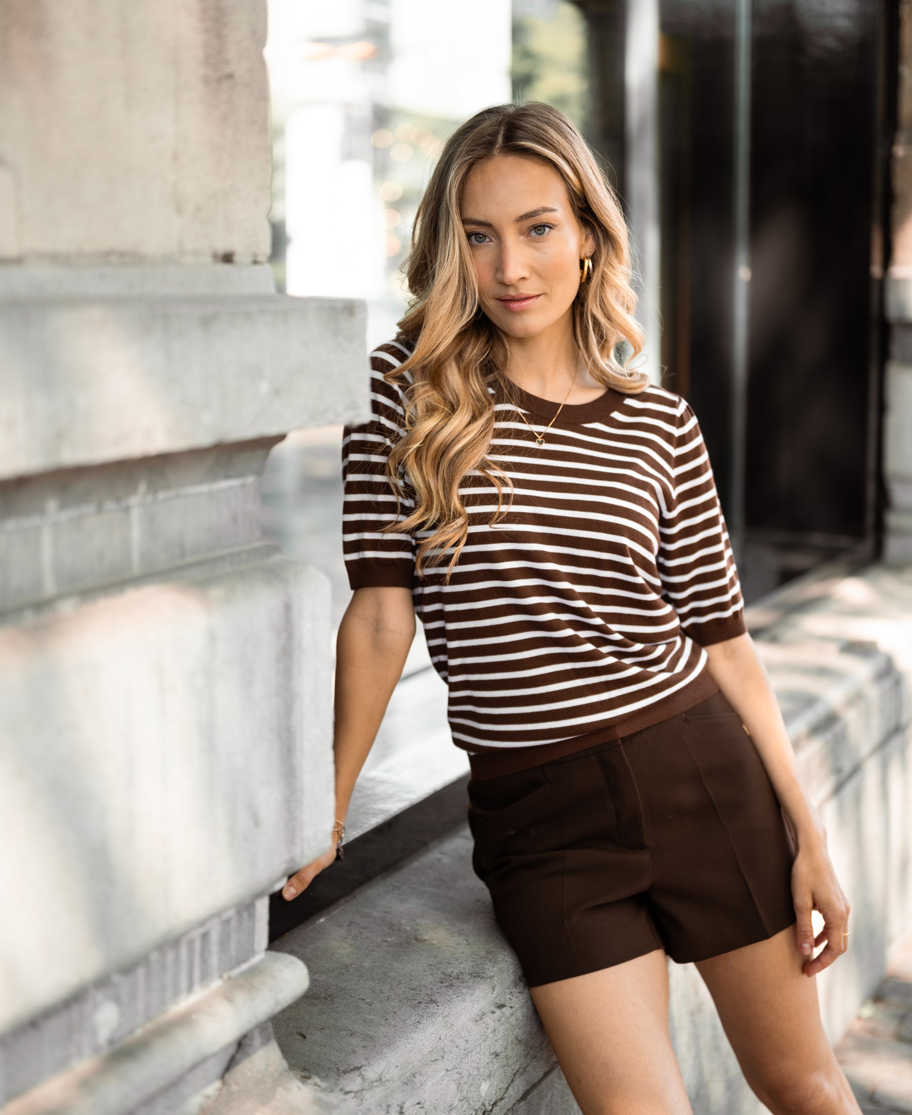 gestreifter Kurzarmpullover LA MILOU Braun-cremeweiß