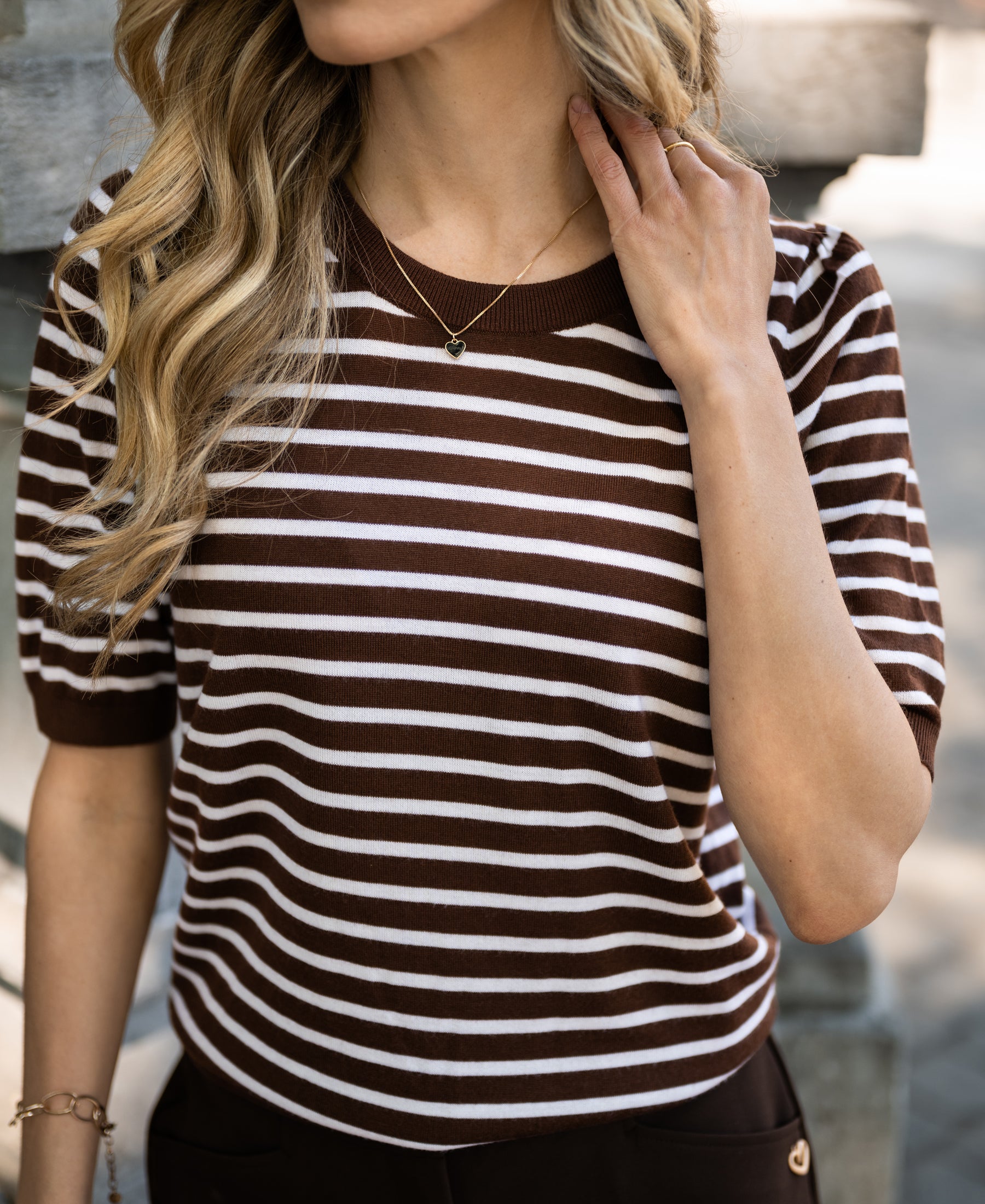 Trui gestreept LA MILOU Bruin-Ivoor