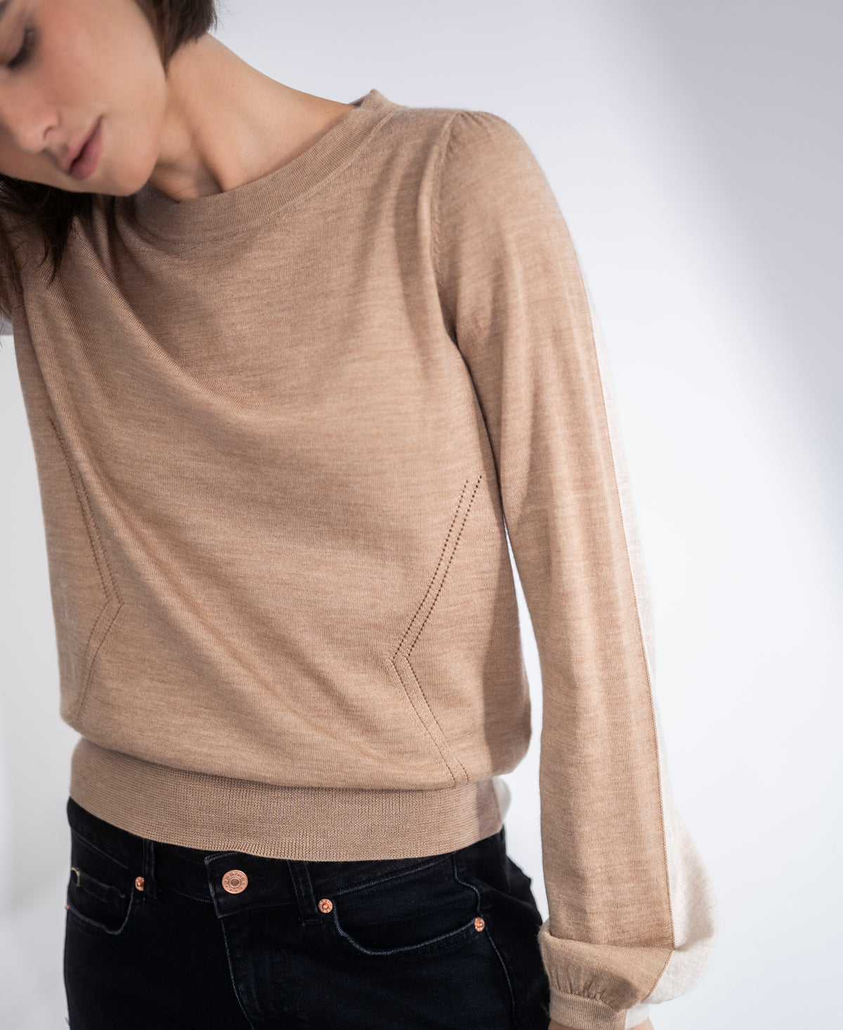 Tweekleurige merinotrui LE MIROIR Soft Camel - Beige
