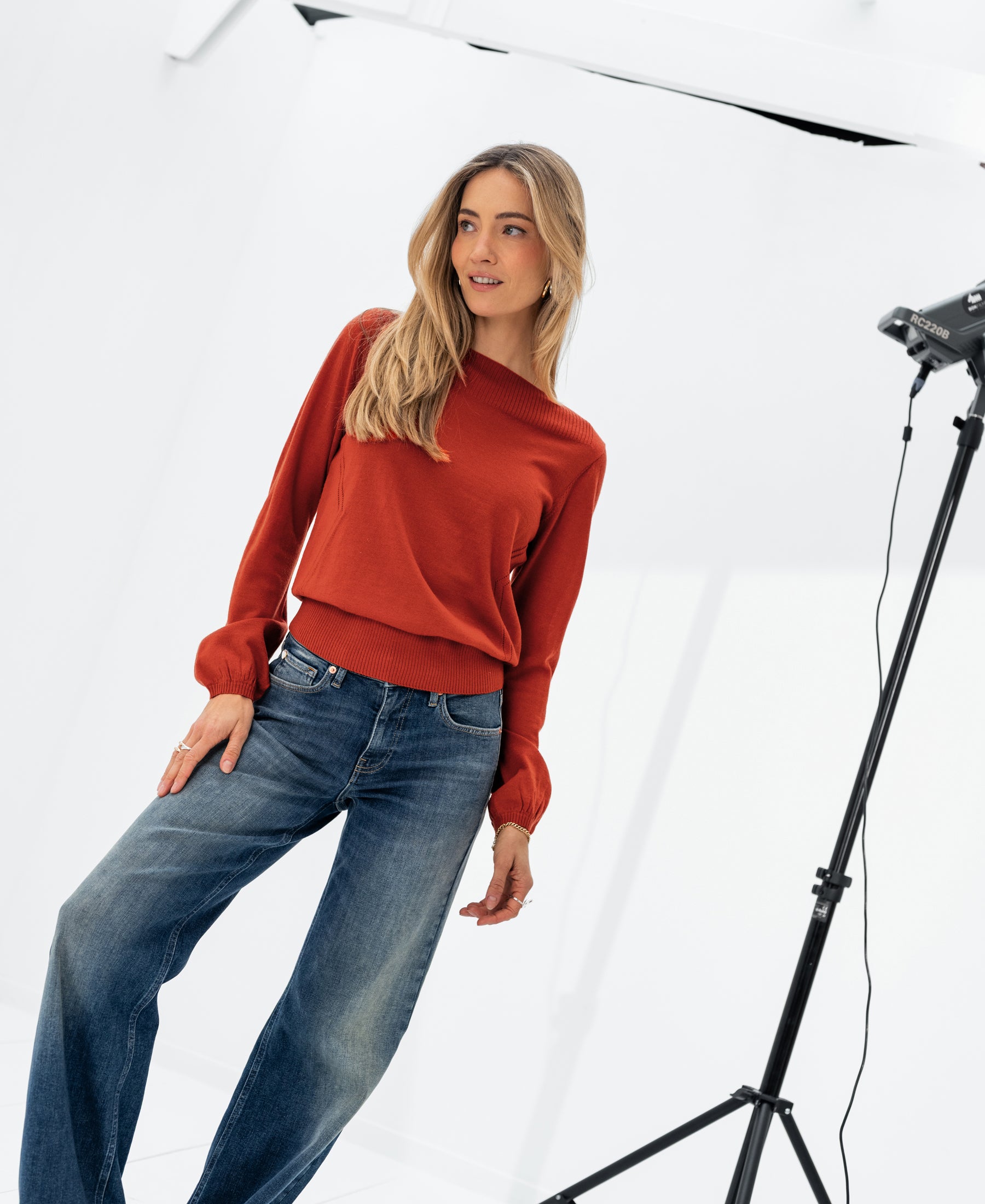 PLEIN PUBLIQUE LA MUSE Cayenne boat neck sweater shown in bright studio with white background.