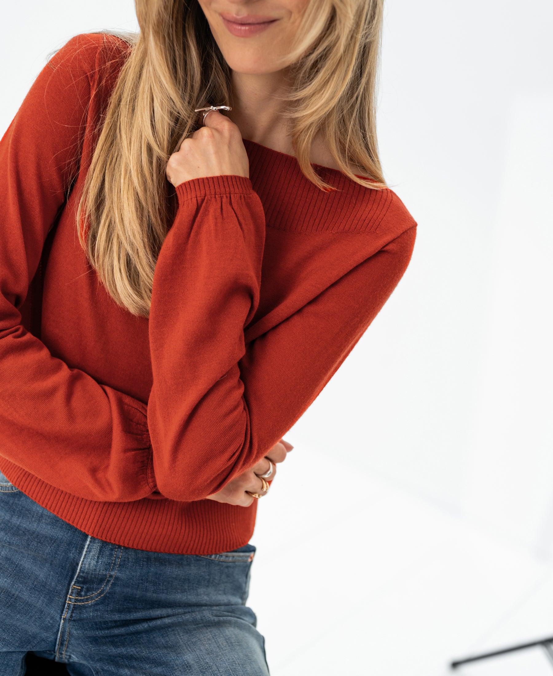 Plein Publique LA MUSE Cayenne boatneck sweater shown against a white background.