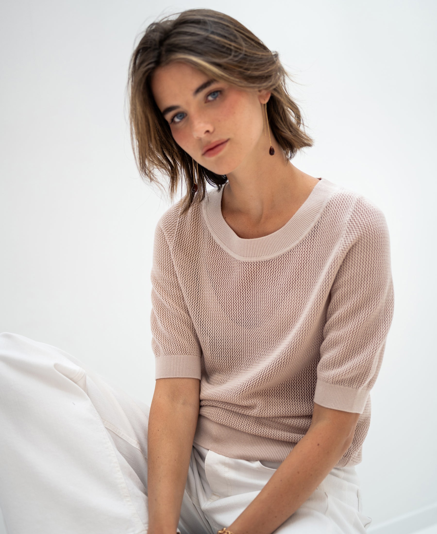 PLEIN PUBLIQUE LE NANCY mesh sweater with silk in light sand, shown against a white background.