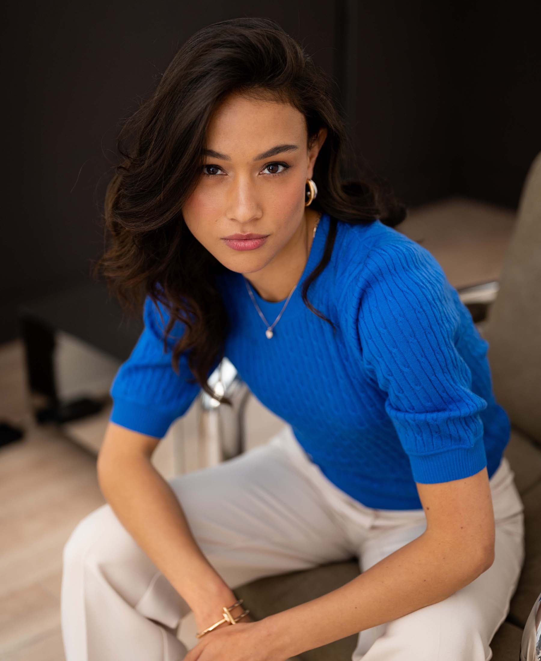 Cable knit short sleeve sweater LA NONNA Blue