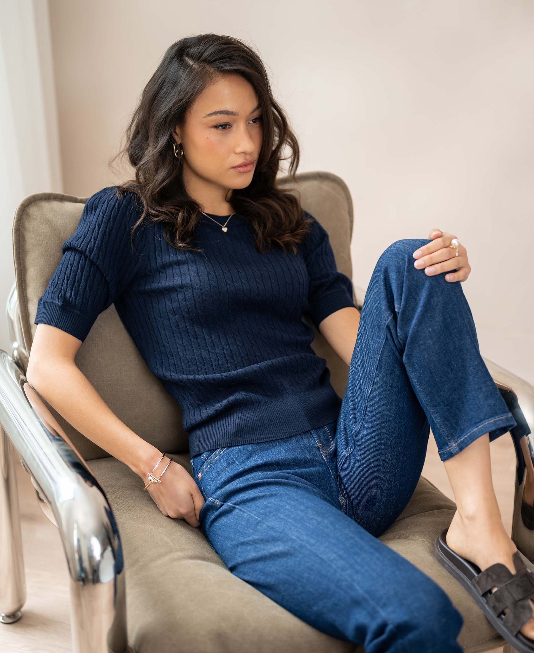 Cable knit short sleeve sweater LA NONNA Dark blue