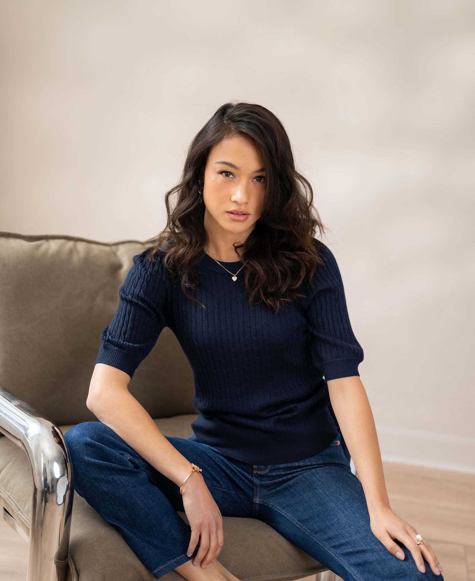 Cable knit short sleeve sweater LA NONNA Dark blue