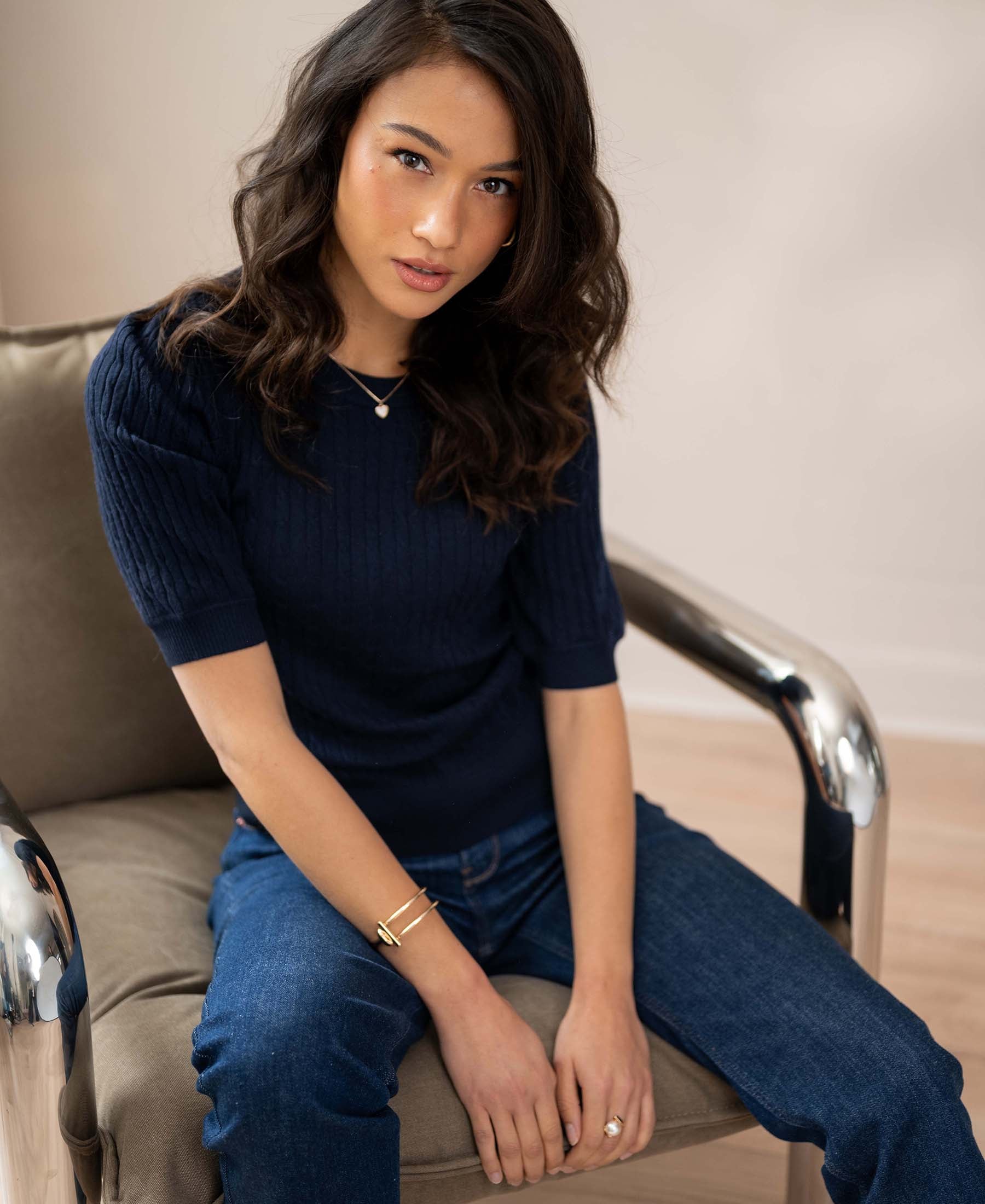 Kabeltrui korte mouw LA NONNA Donkerblauw