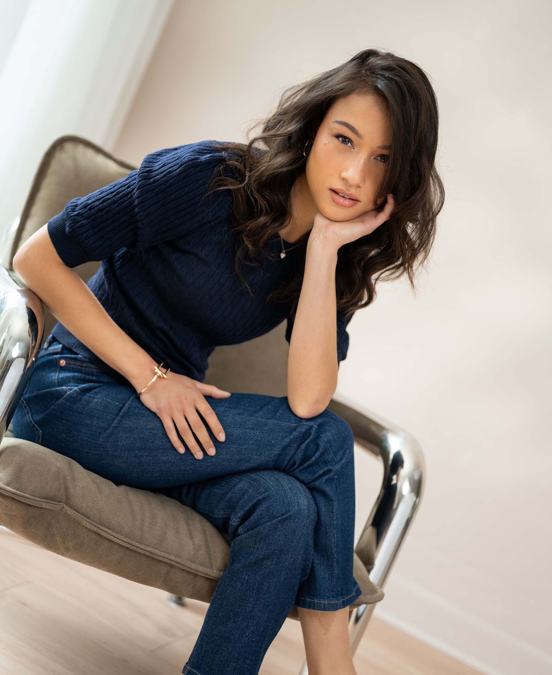 Cable knit short sleeve sweater LA NONNA Dark blue