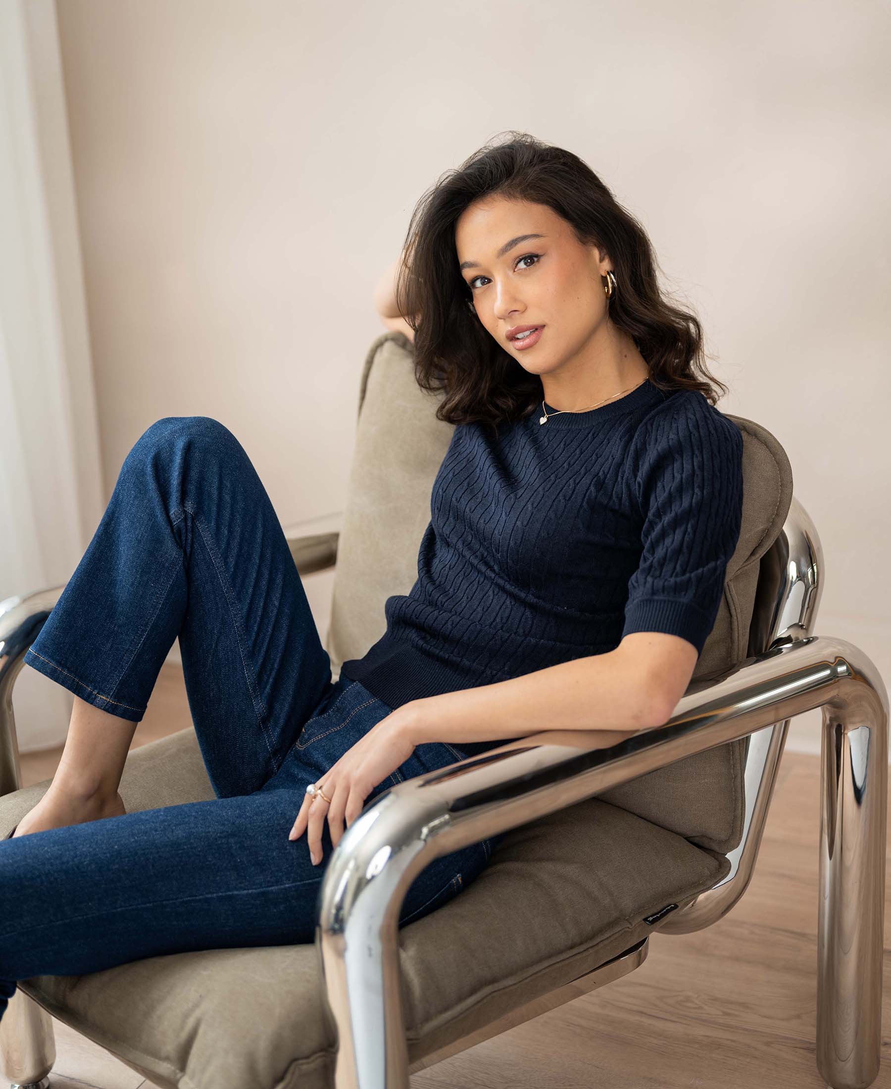 Cable knit short sleeve sweater LA NONNA Dark blue