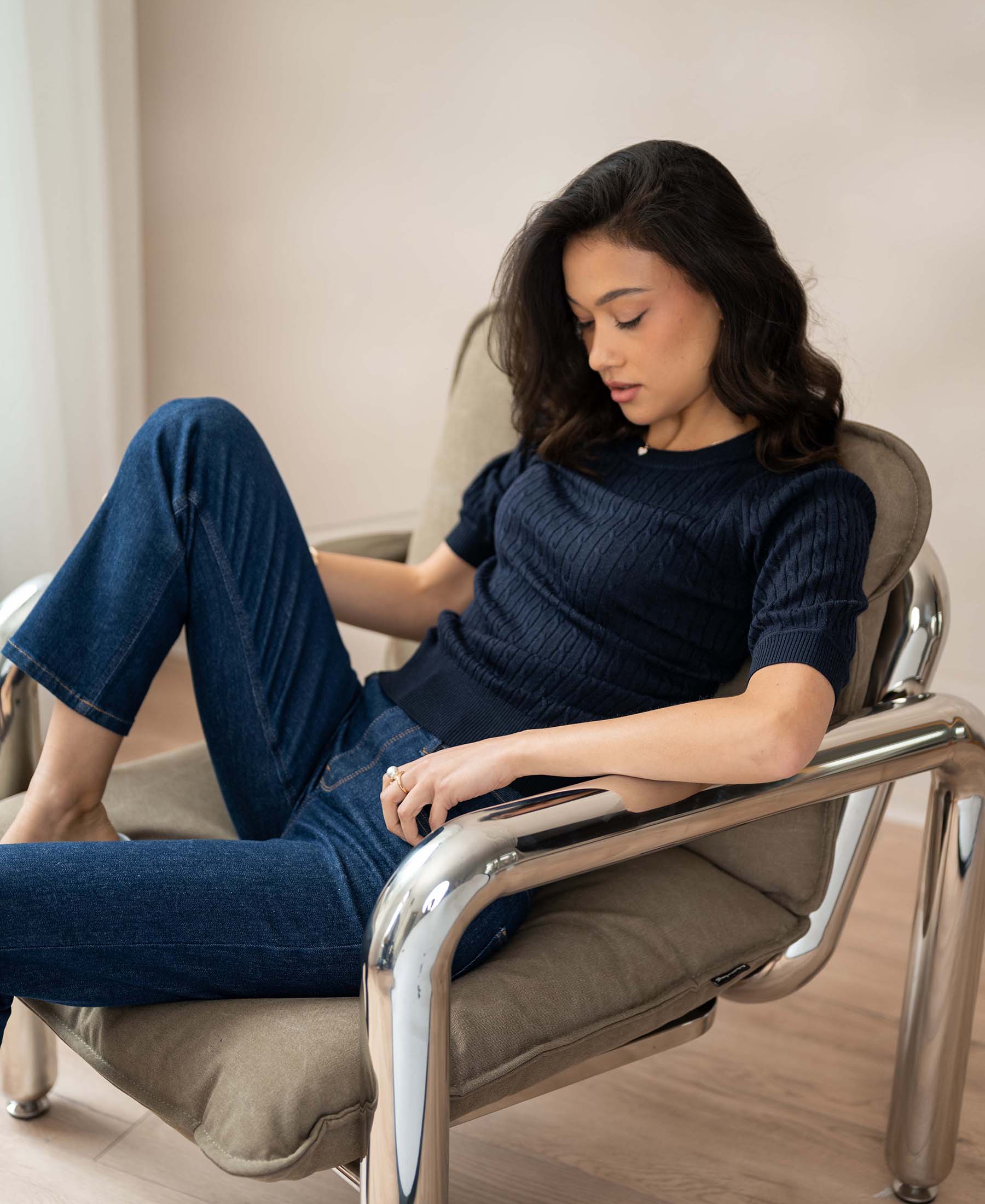 Cable knit short sleeve sweater LA NONNA Dark blue