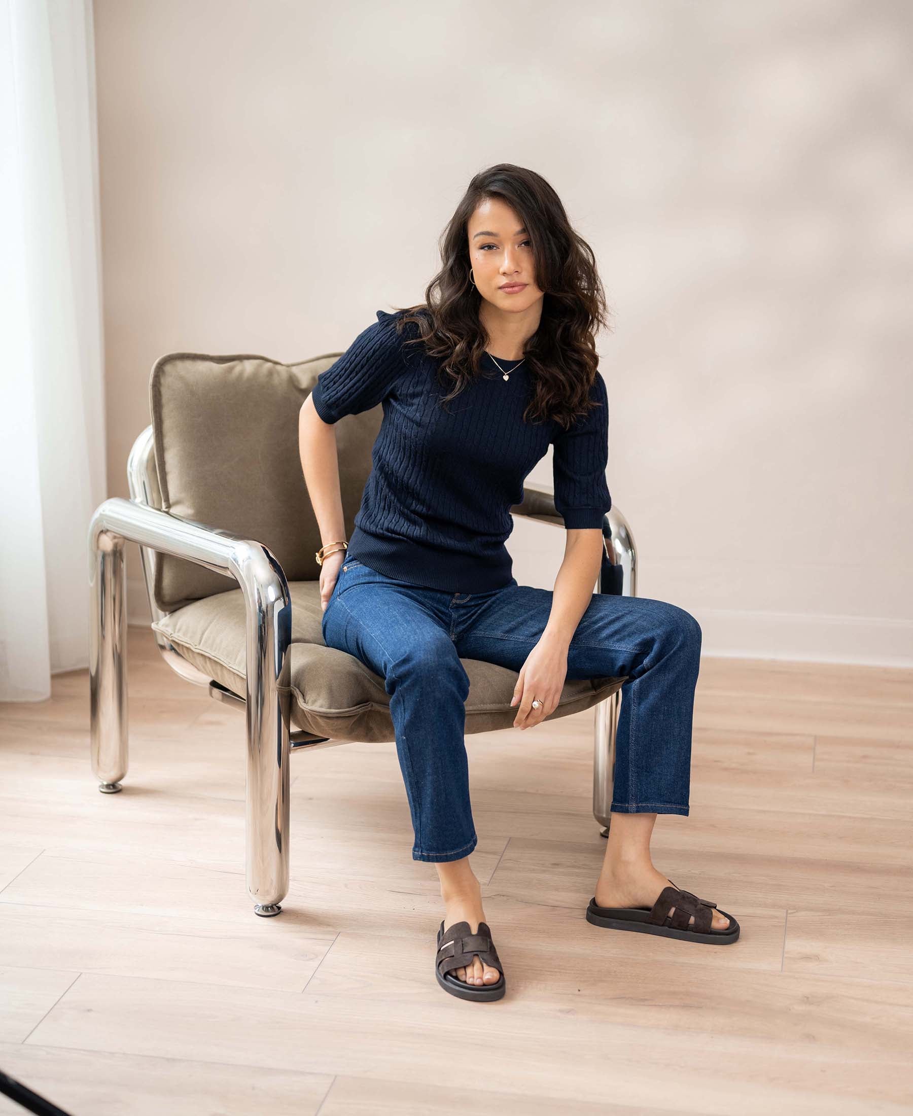 Cable knit short sleeve sweater LA NONNA Dark blue