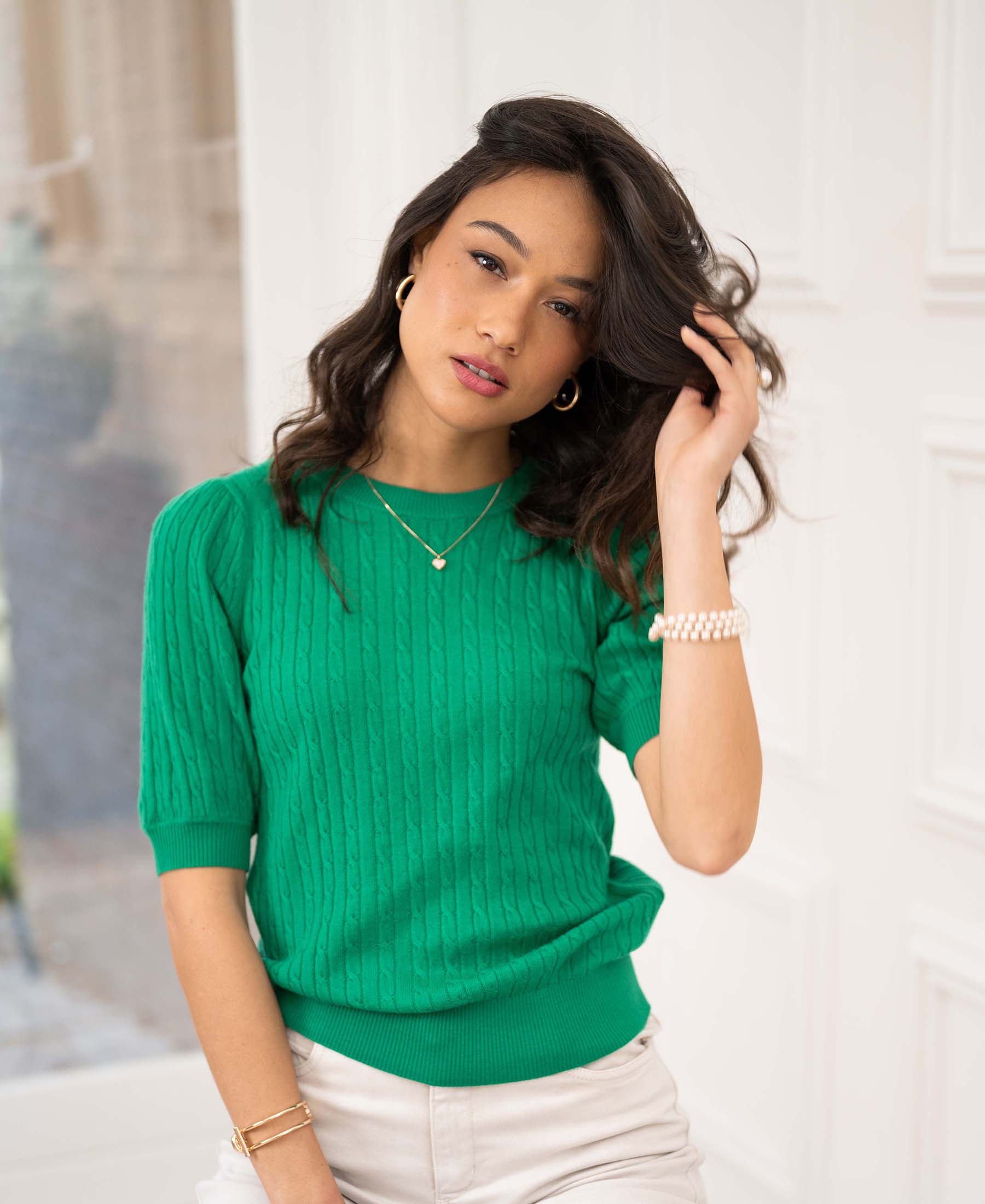 Cable knit short sleeve sweater LA NONNA Green