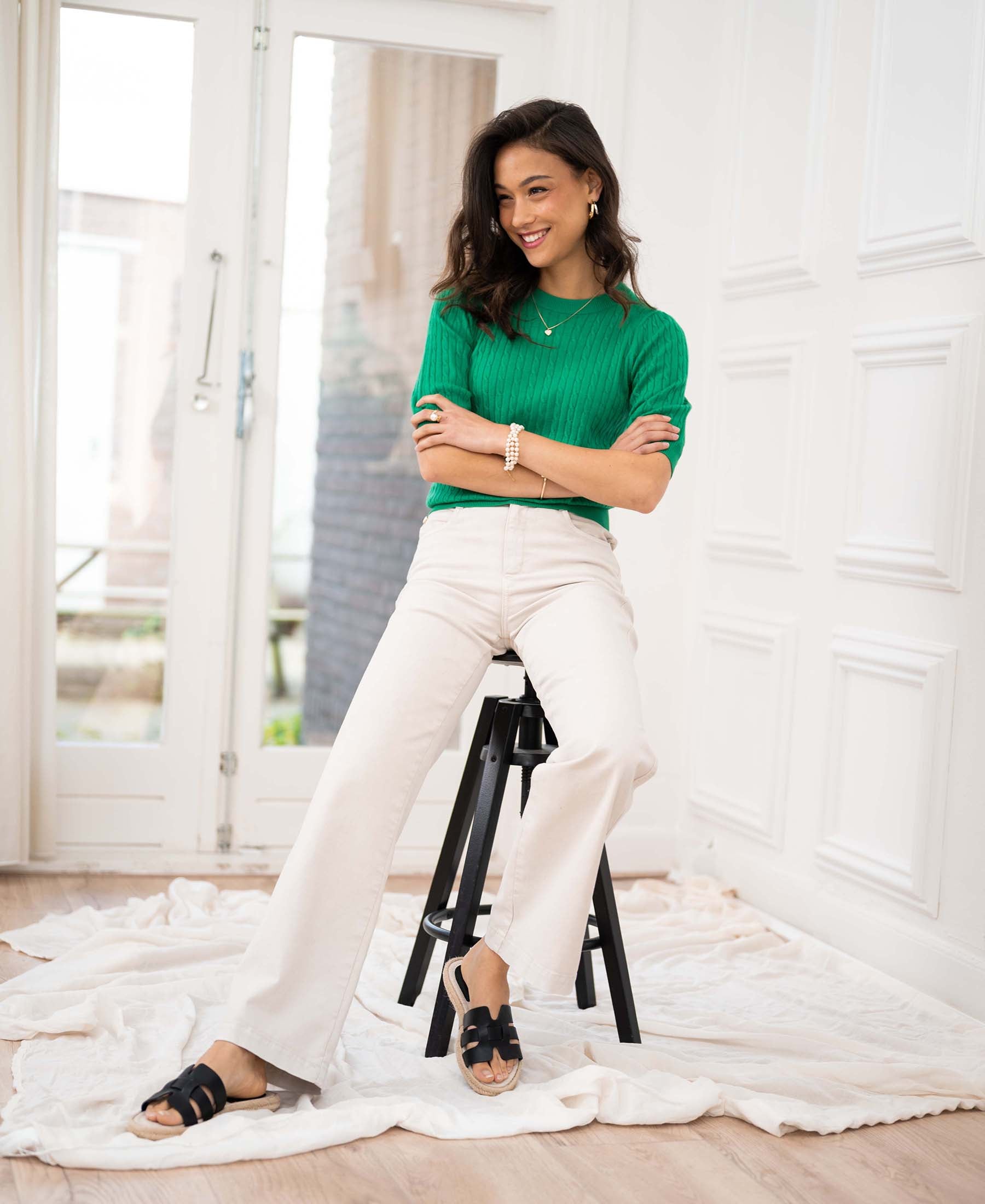 Cable knit short sleeve sweater LA NONNA Green