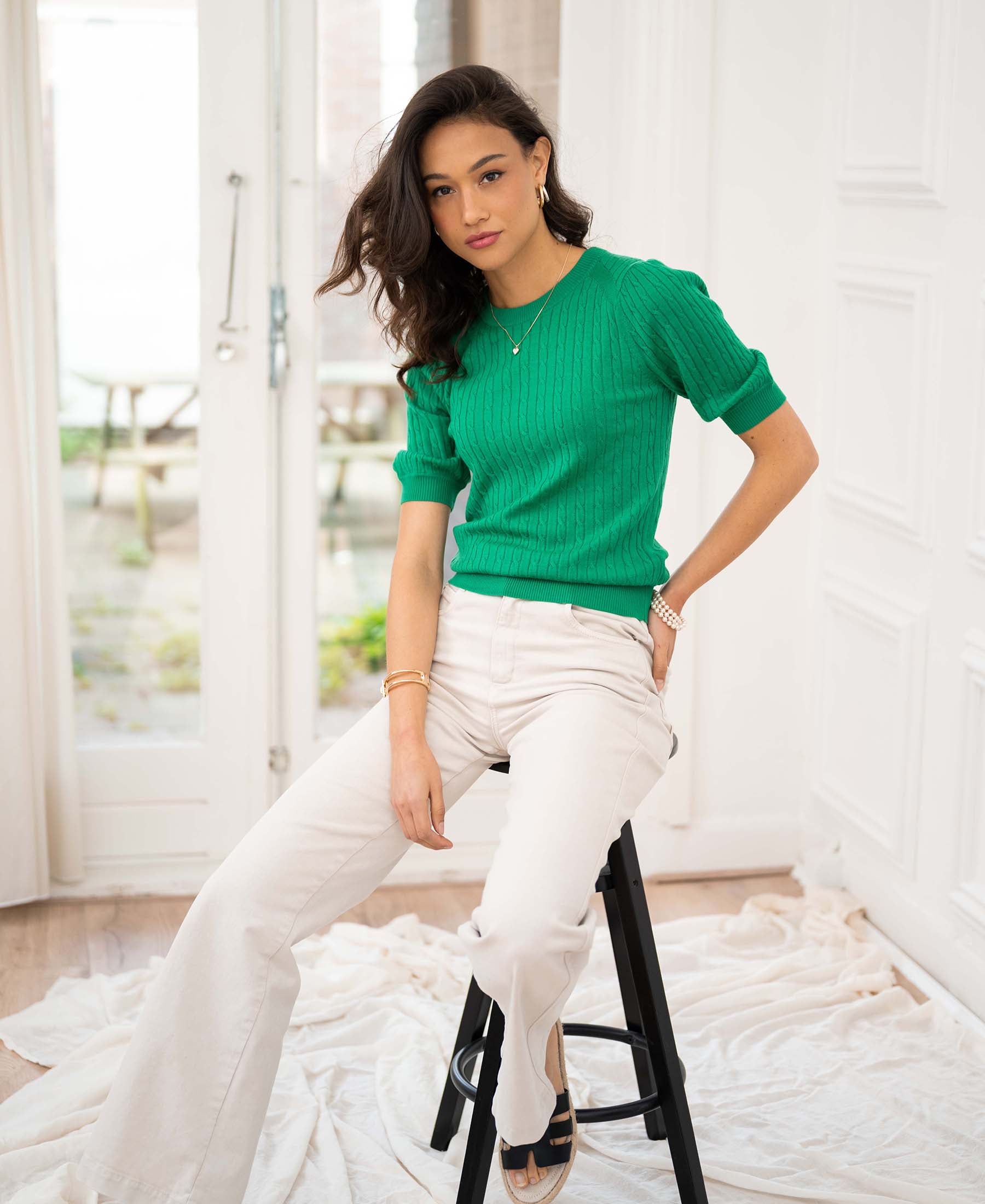 Kabeltrui korte mouw LA NONNA Groen