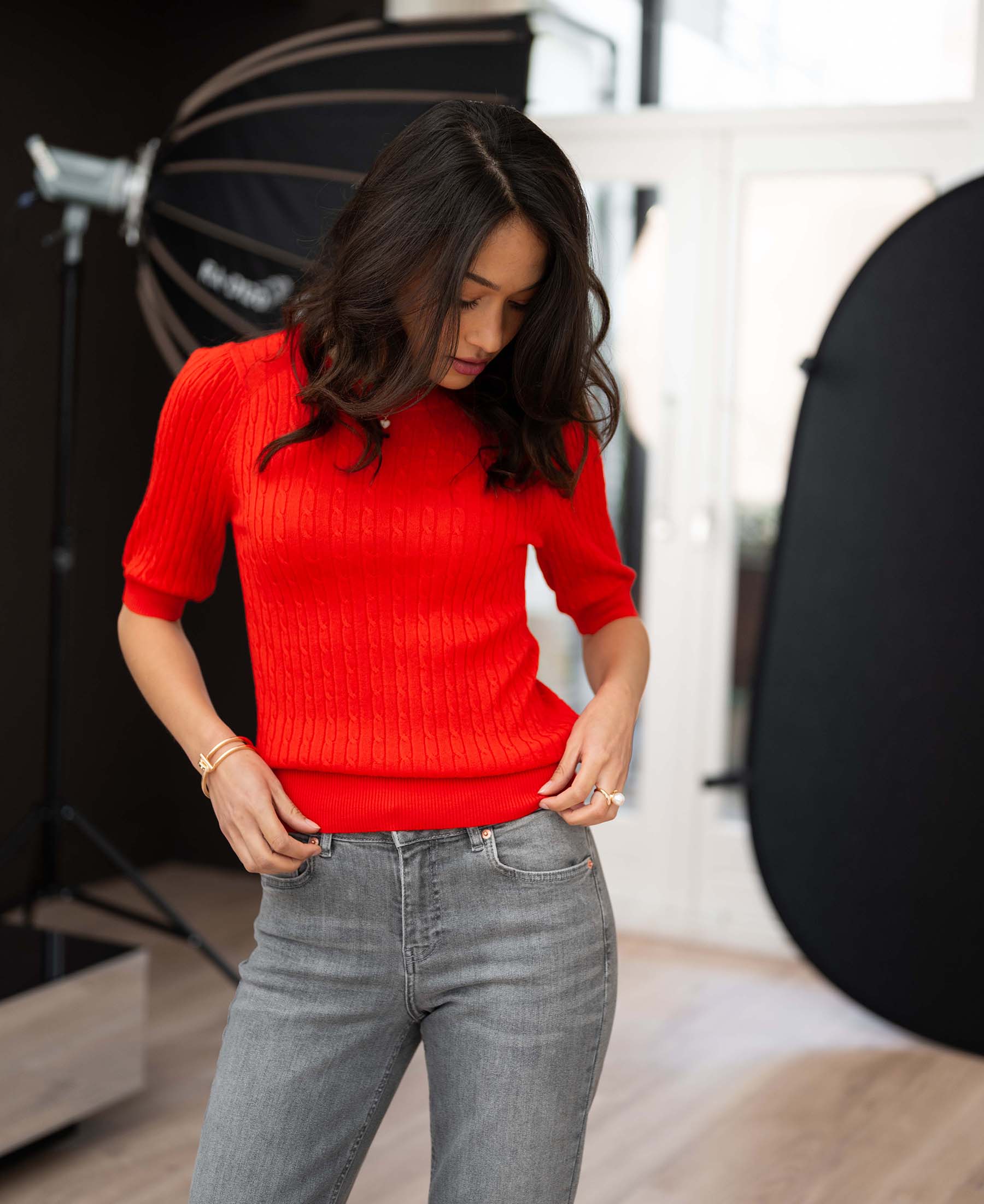 Cable knit short sleeve sweater LA NONNA Coral Red