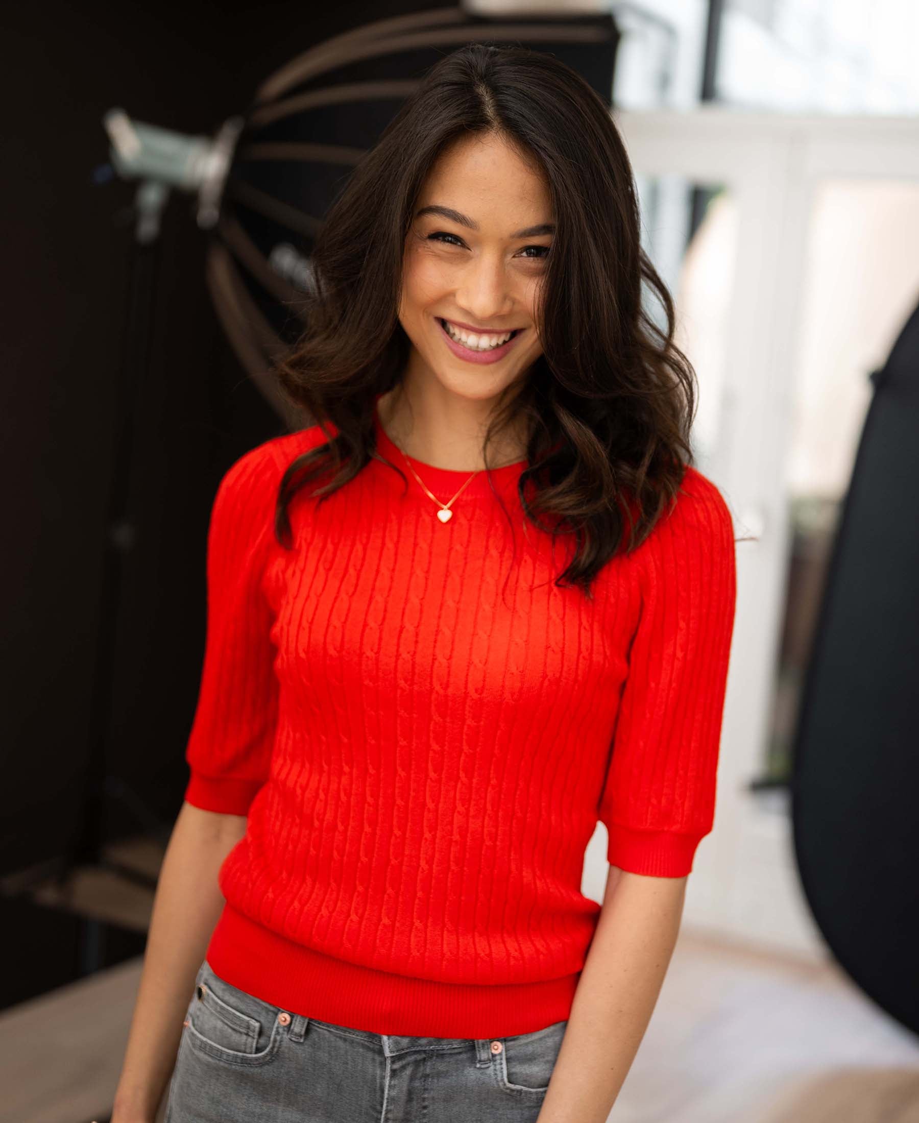 Cable knit short sleeve sweater LA NONNA Coral Red